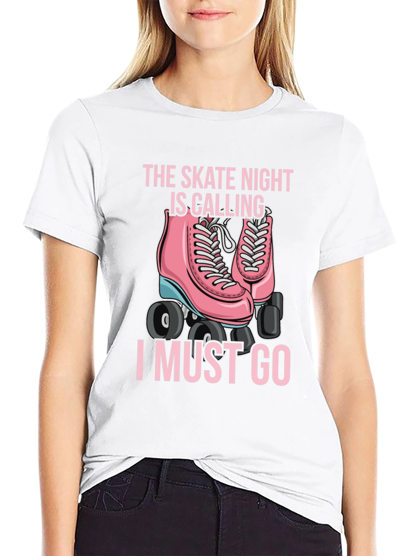 Black Skate Night Calling T-Shirt - Pink Roller Skate Graphic view 9