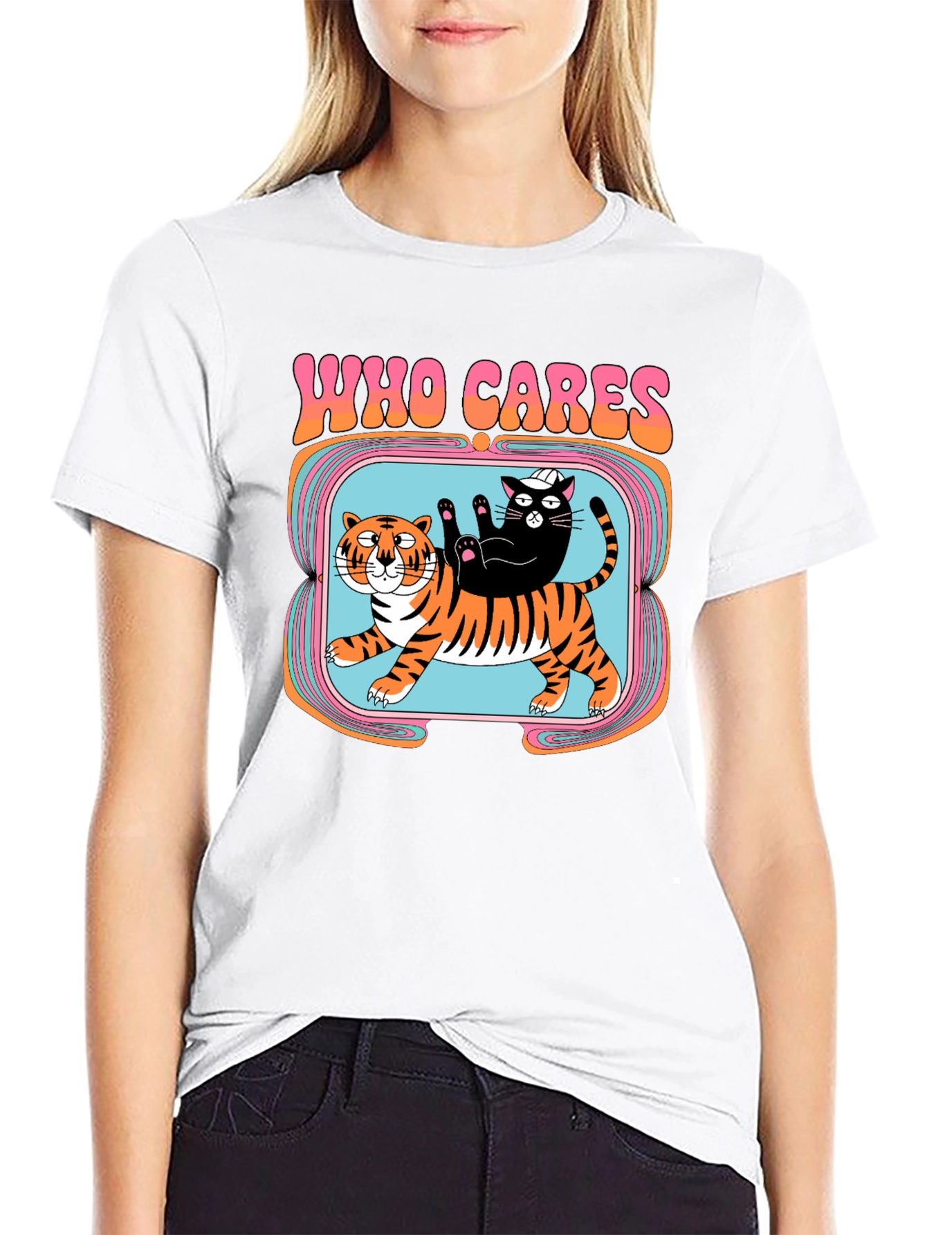 Black Who Cares Cat & Tiger Graphic Tee - Black view 9