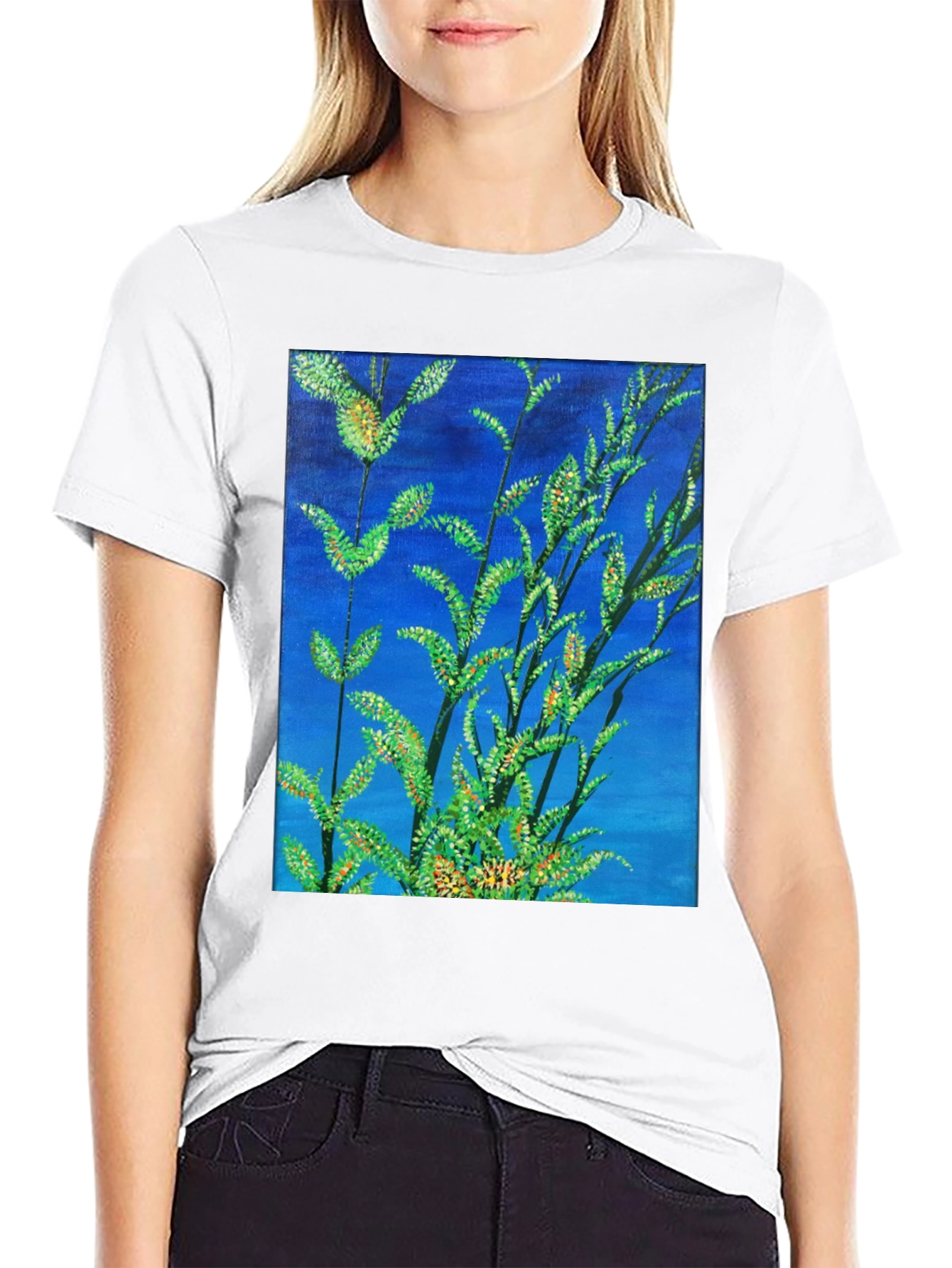 Black Botanical Blue T-Shirt - Vivid Nature Art Tee view 9