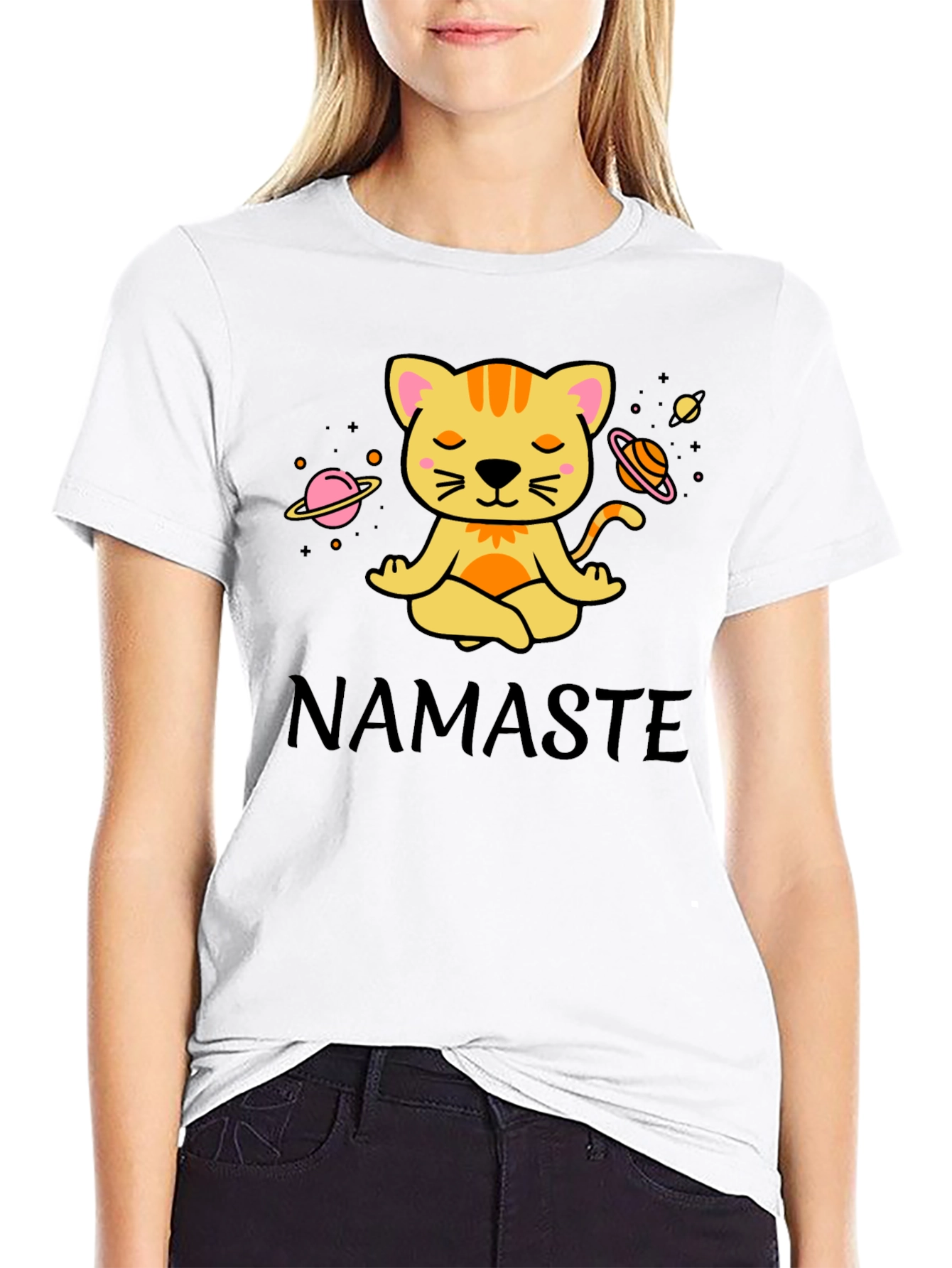 Black Namaste Cat Space Meditation T-Shirt view 9
