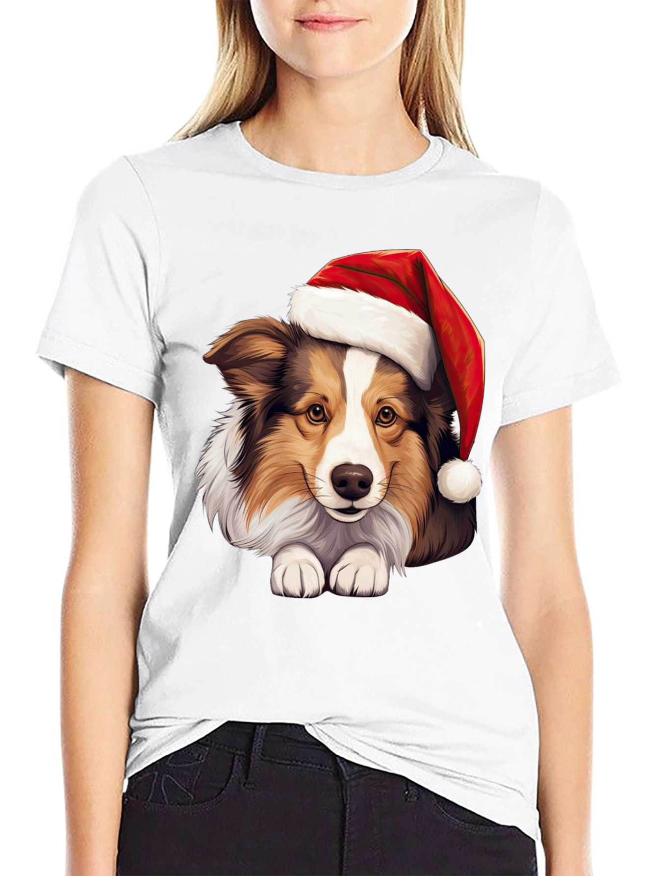 Black Festive Dog T-Shirt: Holiday Collie in Santa Hat view 9