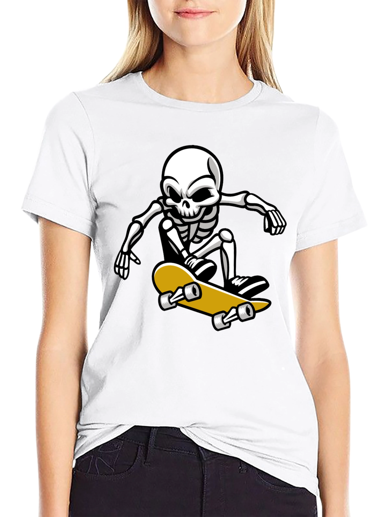Black Cool Skeleton Skateboarder Graphic T-Shirt view 9
