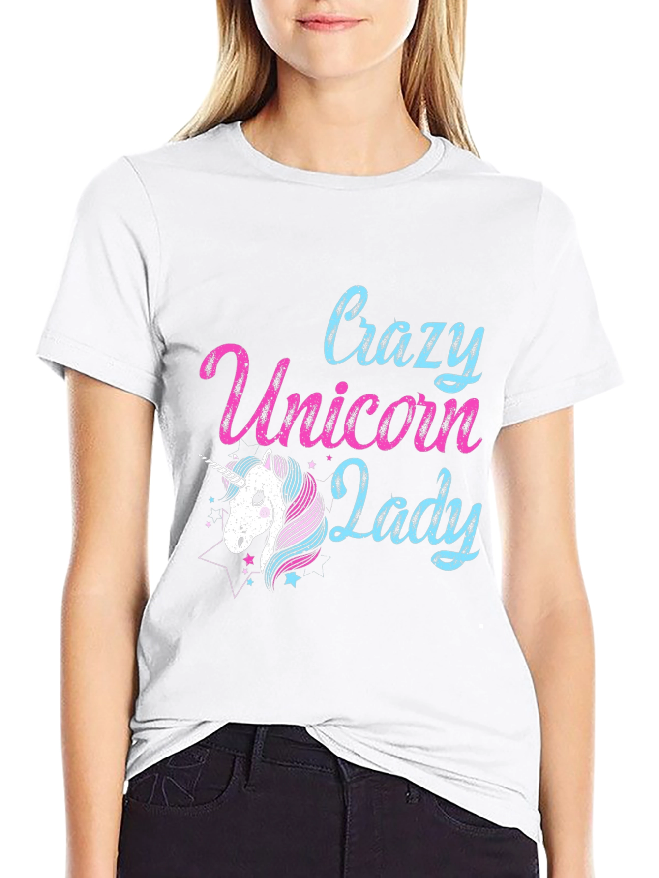 Black Crazy Unicorn Lady T-Shirt - Black view 9
