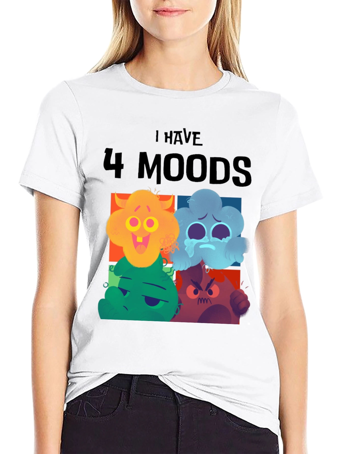 Black 4 Moods T-Shirt, Funny Faces, Black Tee, Casual Wear view 9