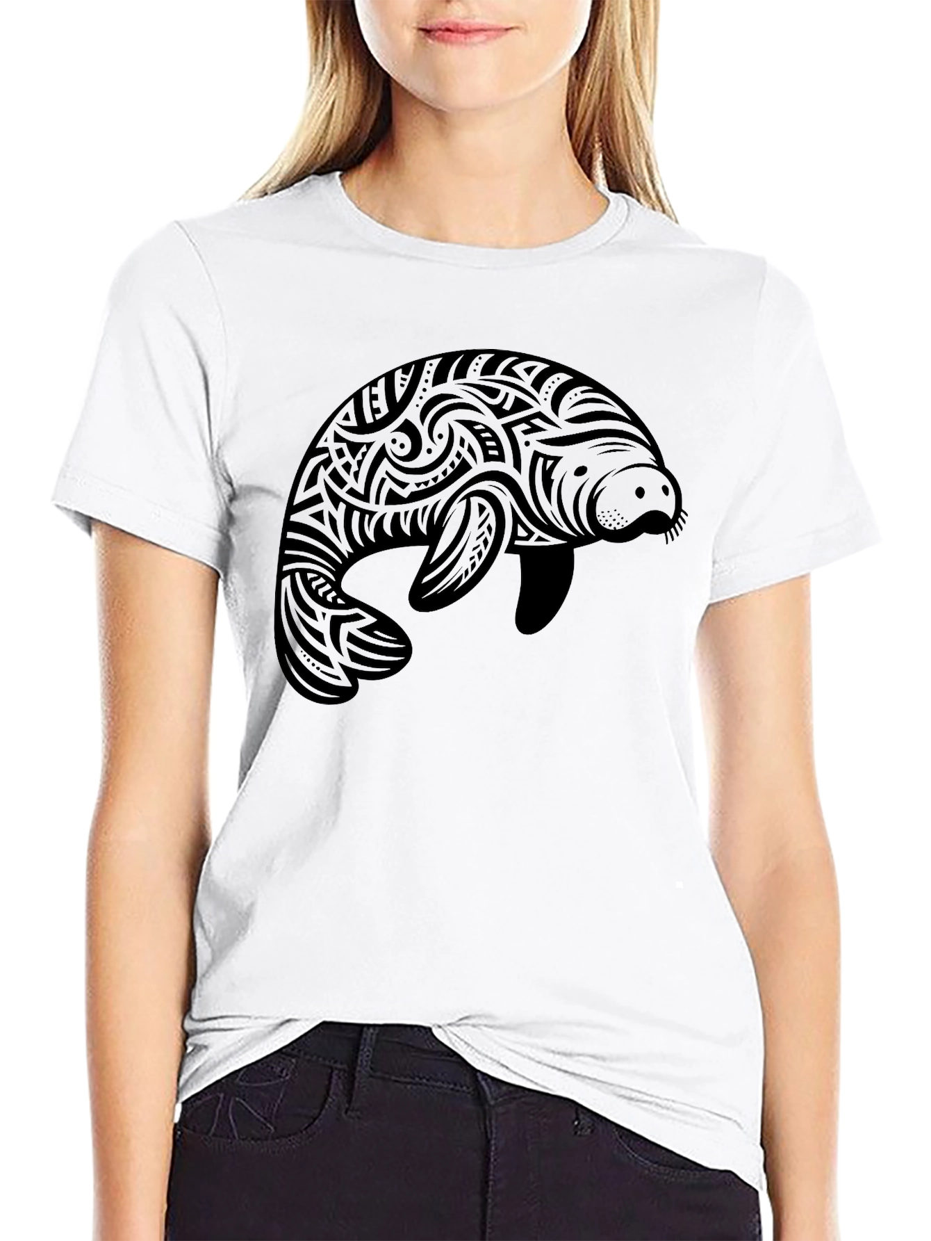 Black Tribal Manatee Graphic T-Shirt - Black view 9