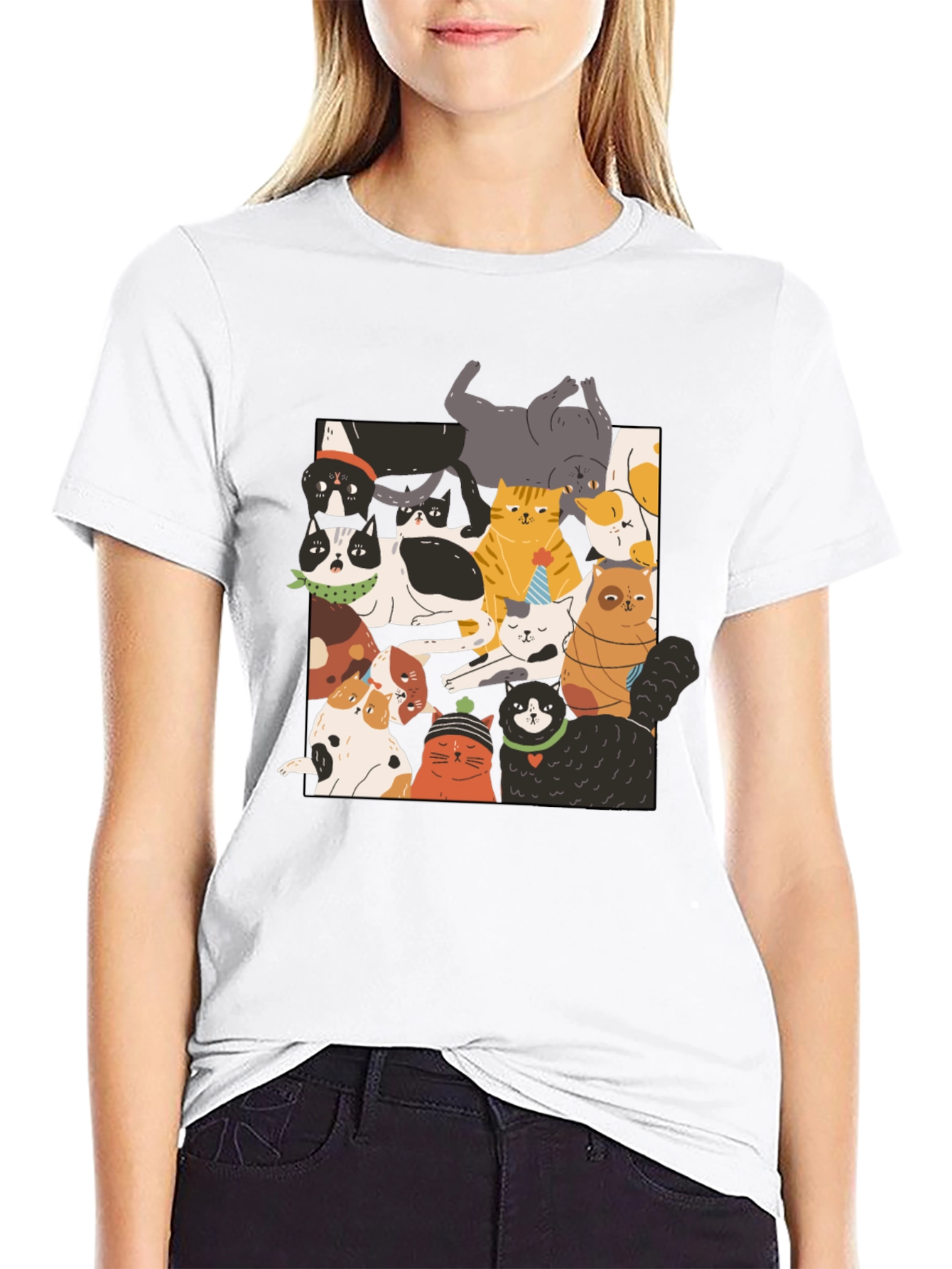 Black Fun Cats Pattern Black T-Shirt view 9