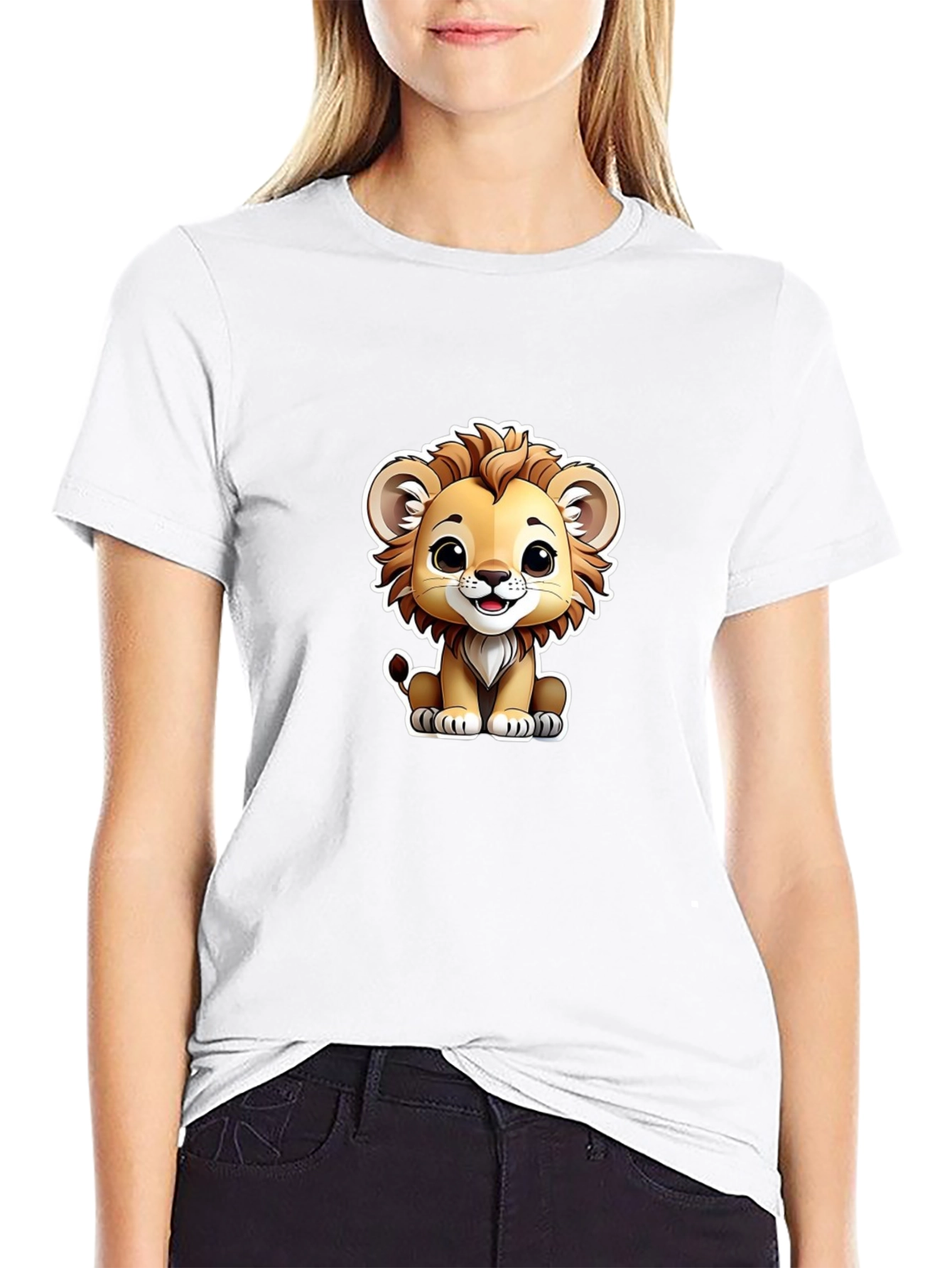 Black Cute Lion Graphic Tee - Black Cotton T-Shirt view 9