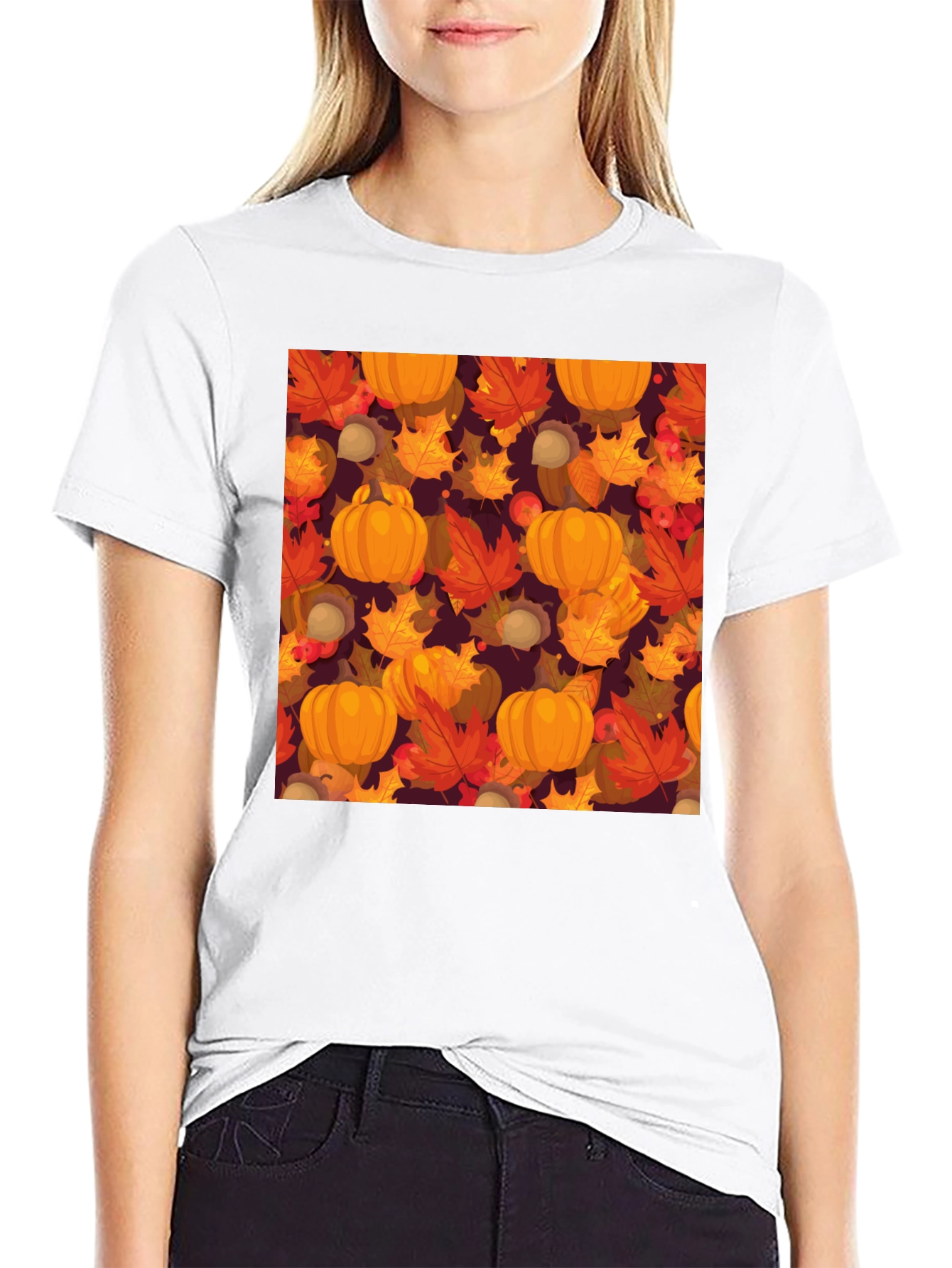 Fall Harvest T-Shirt: Pumpkins & Autumn Leaves Pattern - 9