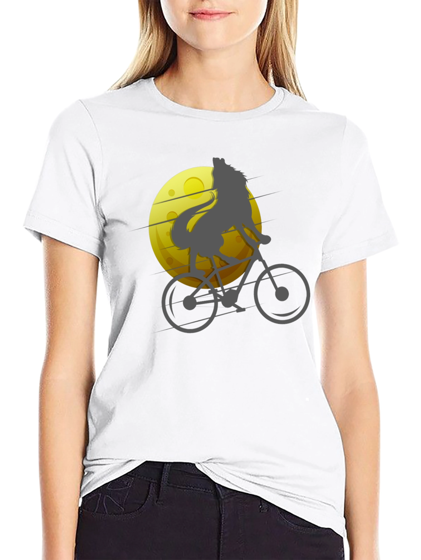 Black Wolf Riding Bike T-Shirt - Moon Graphic Tee view 9