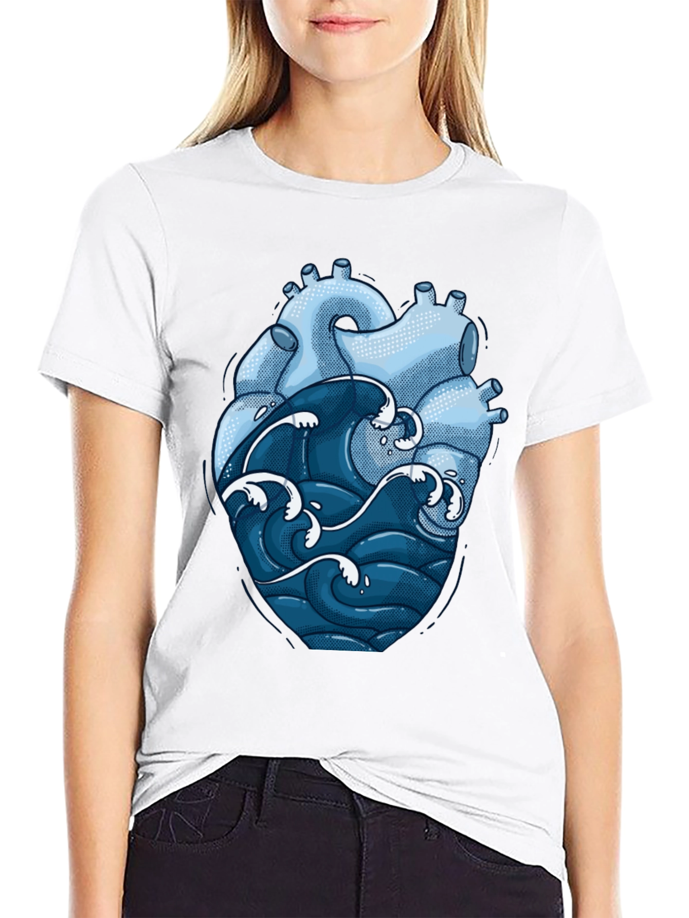 Black Anatomical Heart & Ocean Wave Graphic Tee view 9