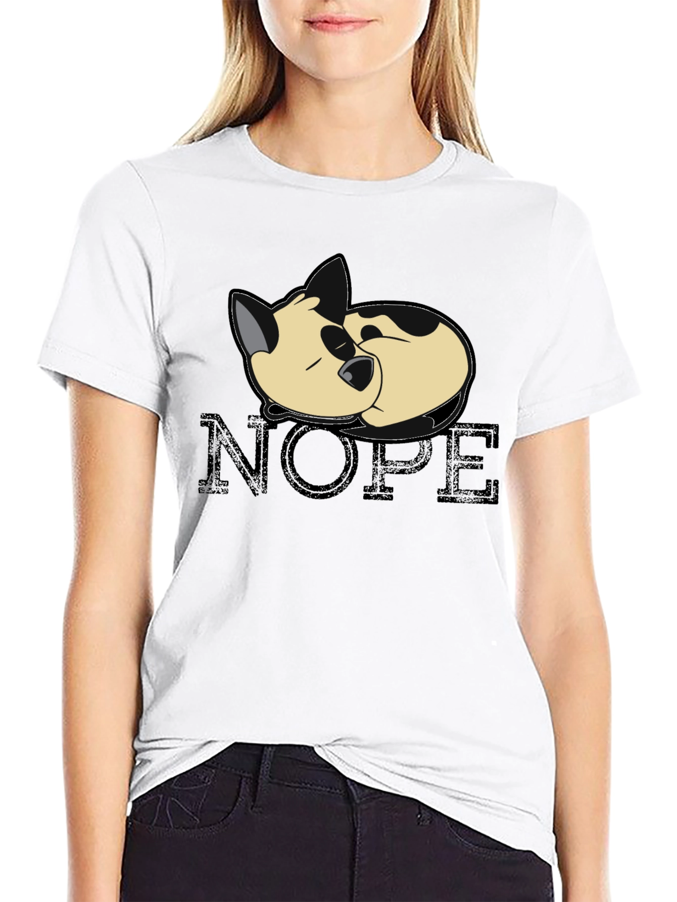Black Nope Cat Black T-Shirt - Relaxed Sleepy Kitten Tee view 9
