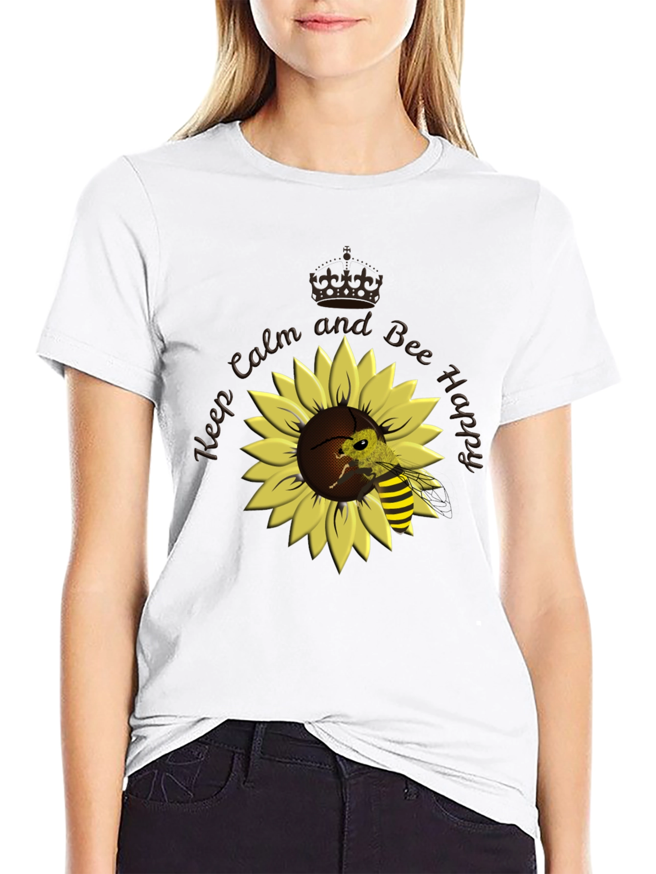 Black Keep Calm and Bee Happy Sunflower T-Shirt view 9
