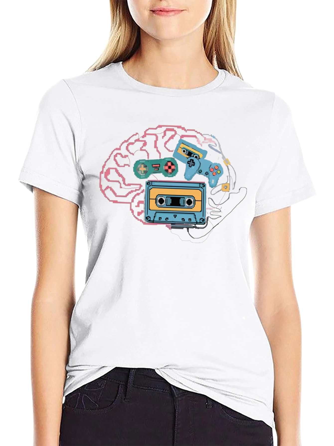 Black Retro Gamer Brain T-Shirt - Pixel Art Style view 9