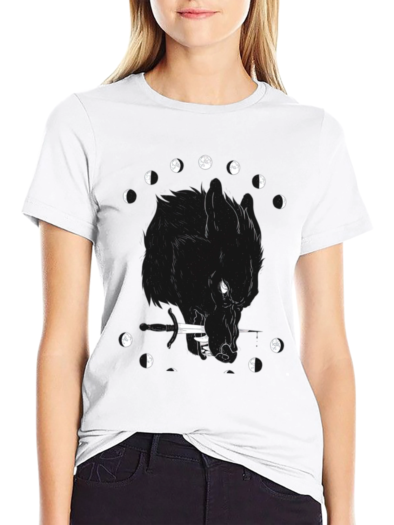 Black Wolf Moon Phases Graphic T-Shirt - Black Cotton Tee view 9