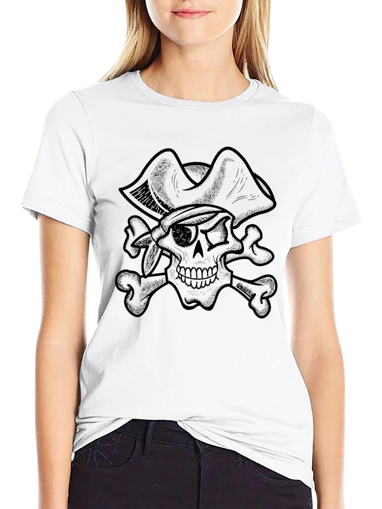 Black Pirate Skull Graphic Tee - Black Cotton T-Shirt view 9