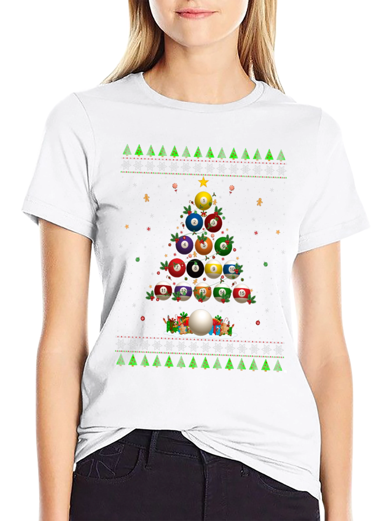 Black Billiard Ball Christmas Tree Holiday T-Shirt view 9