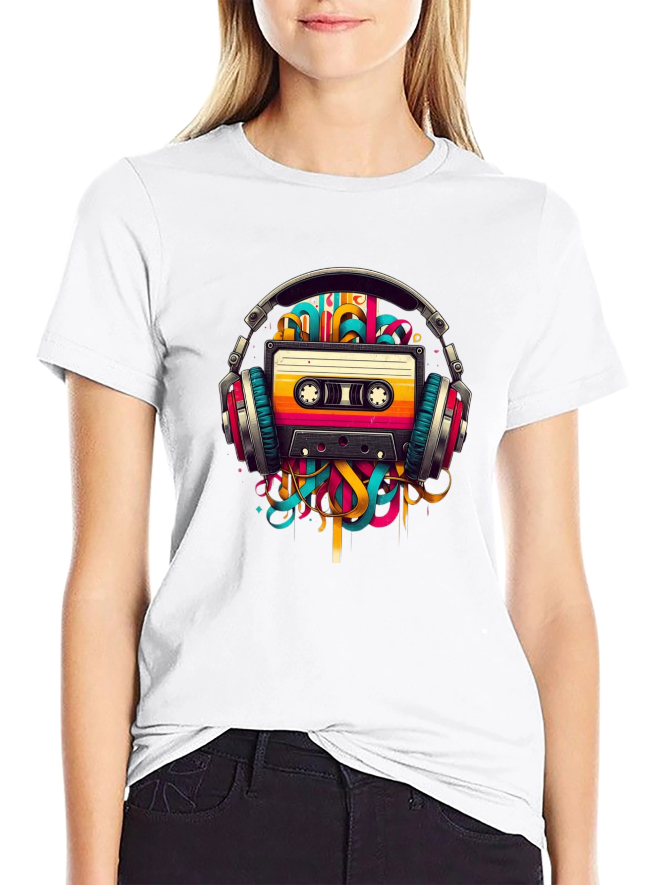 Black Retro Cassette Tape Headphones Graphic T-Shirt view 9