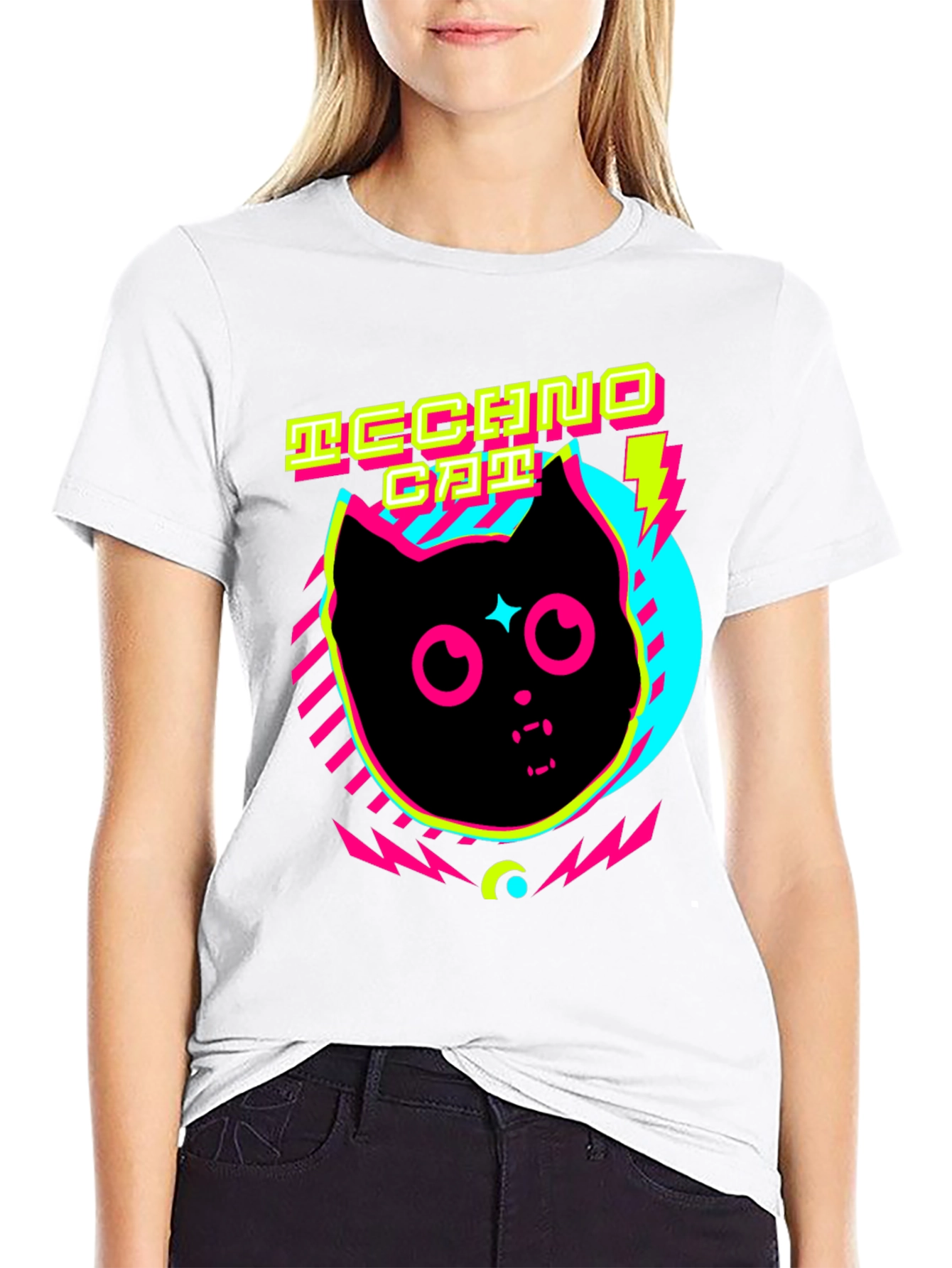 Black Techno Cat T-Shirt Neon Graphic Tee view 9