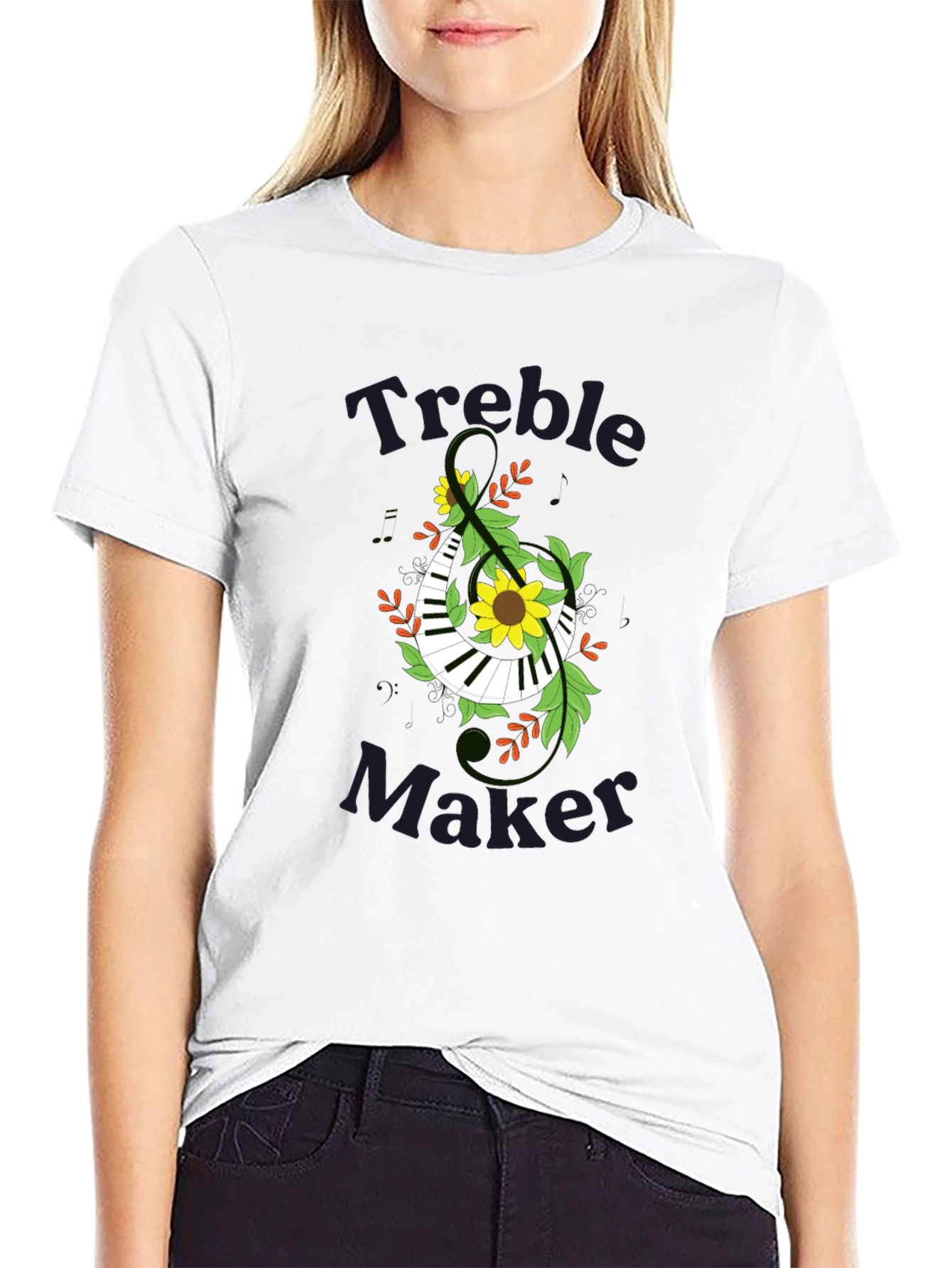 Treble Maker Piano Keyboard and Floral Design T-Shirt - 9