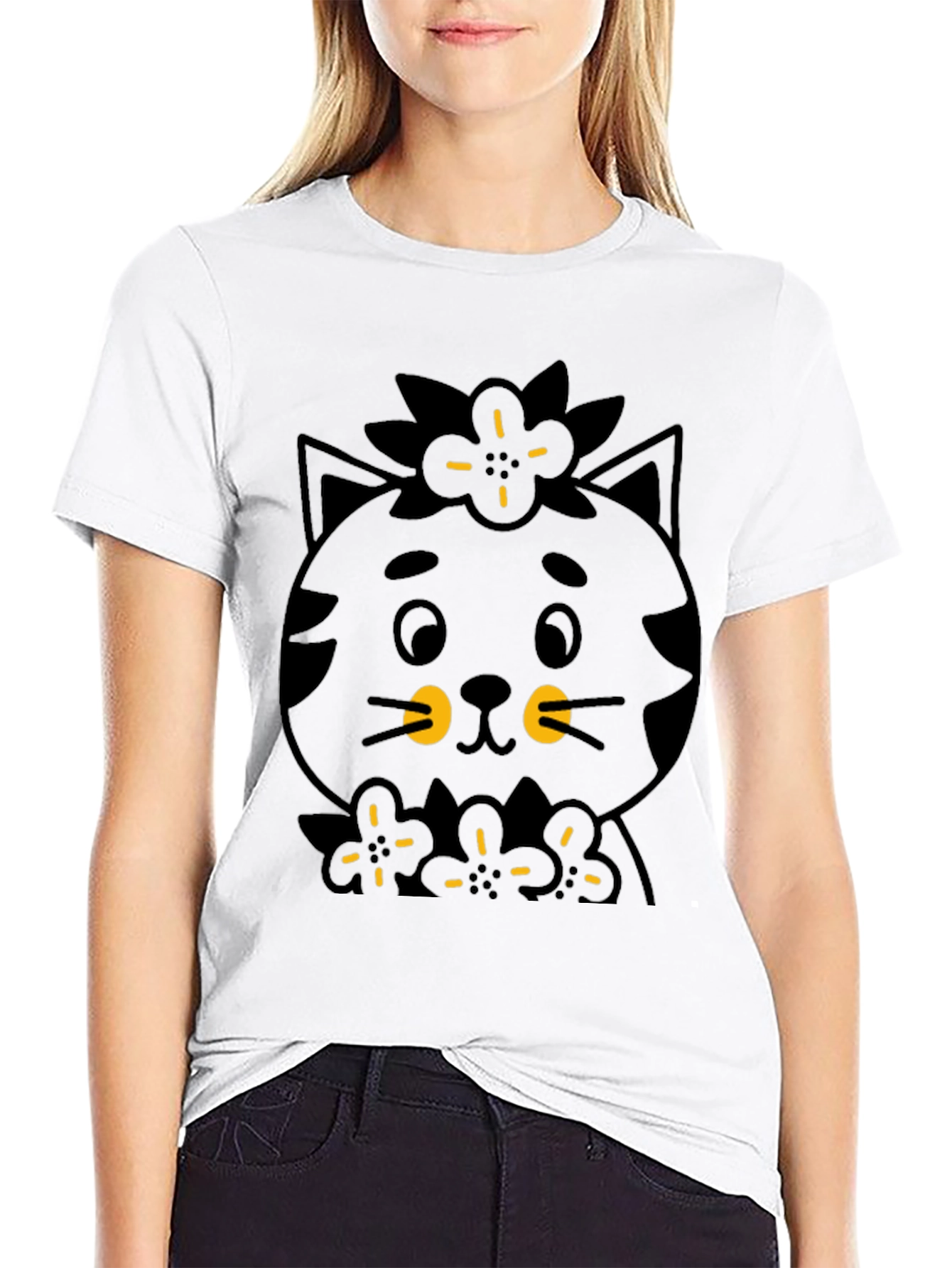 Black Cute Black Cat T-Shirt - Floral Accent view 9
