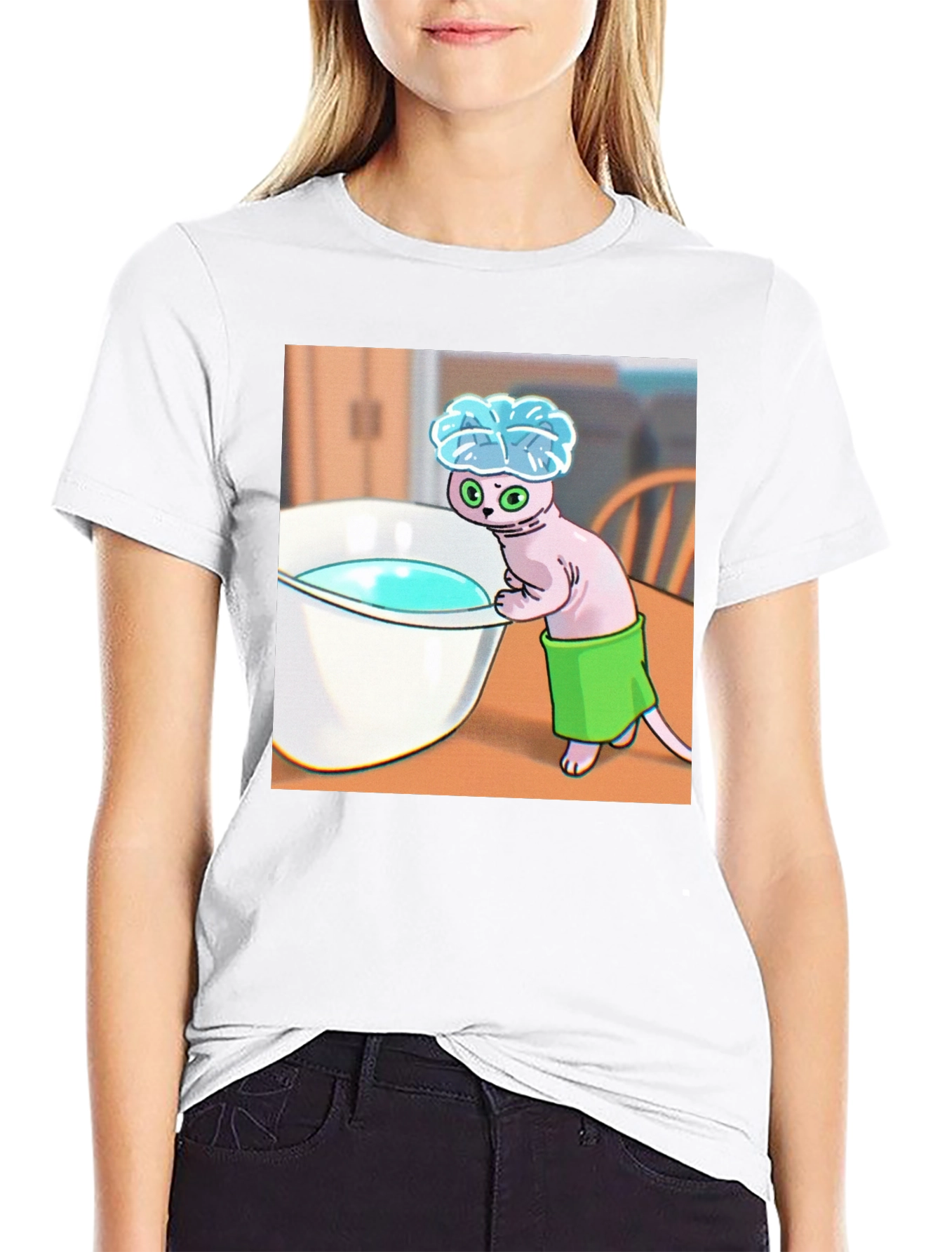 Black Cartoon Cat Bath T-Shirt - Funny Novelty Tee view 9