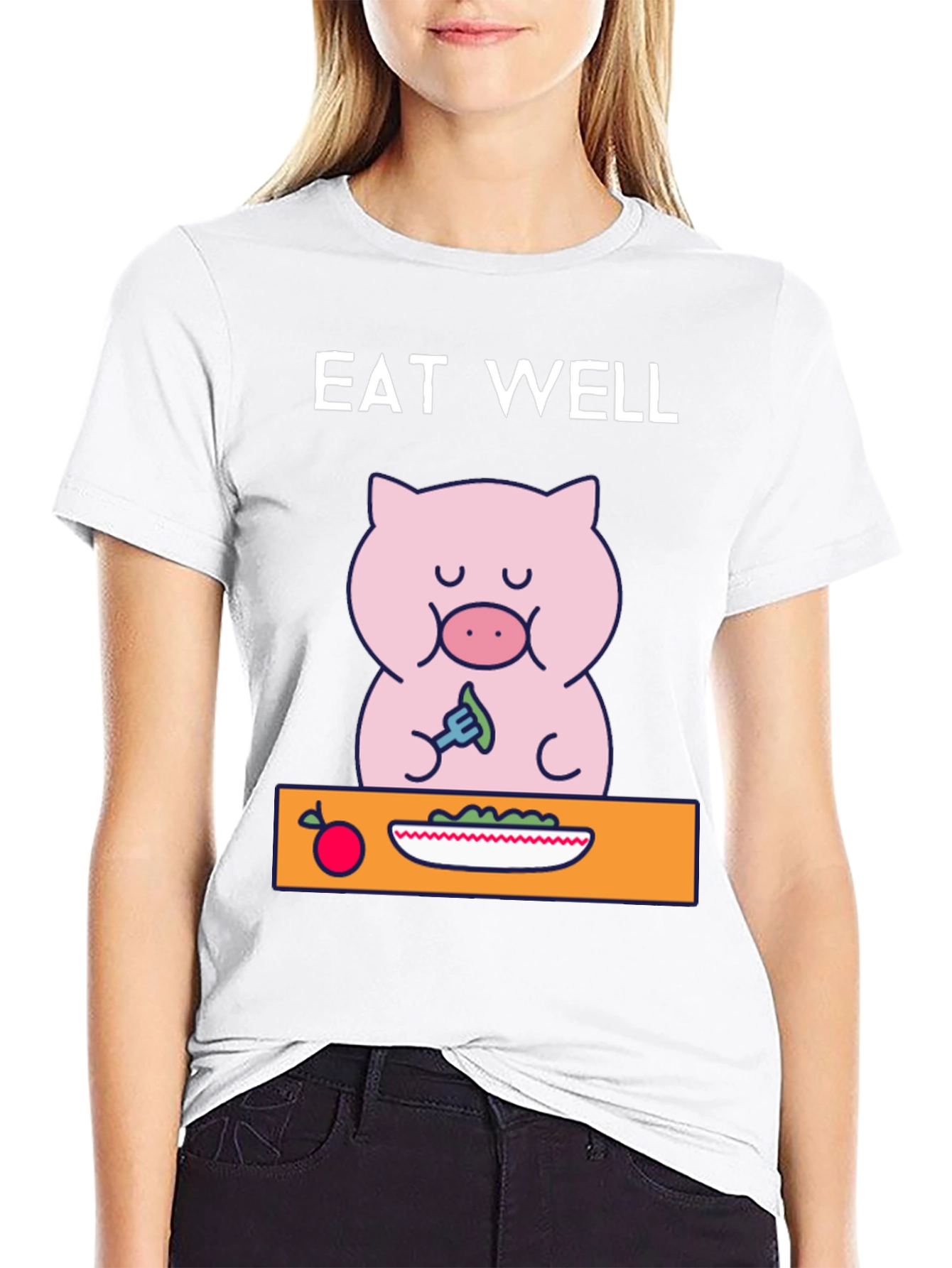 Black Eat Well Pig T-Shirt - Funny Cartoon Tee view 9
