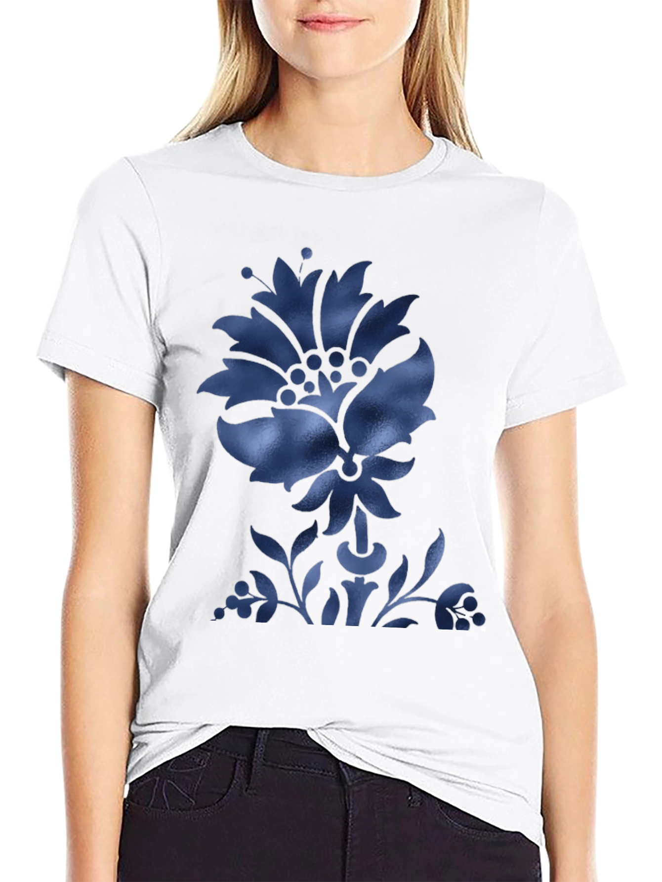 Black Men's Black T-Shirt with Blue Floral Design view 9