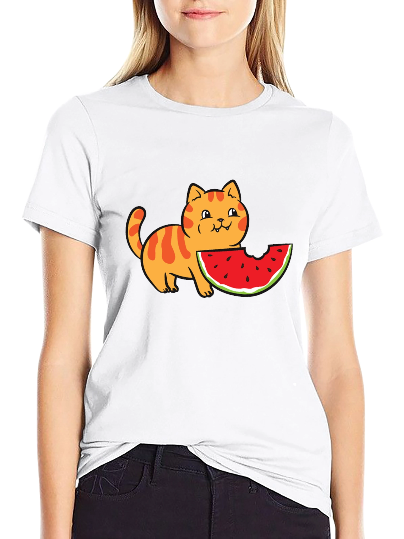 Black Cartoon Cat Watermelon Black T-Shirt view 9
