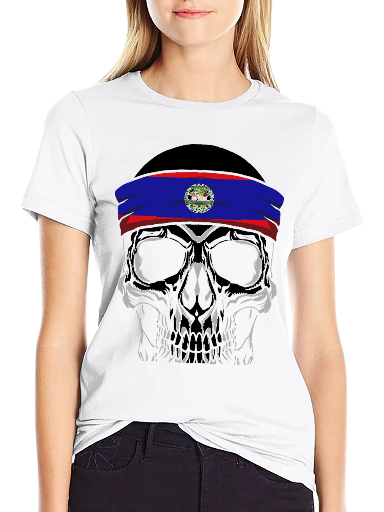 Black Skull with Belize Flag Headband T-Shirt view 9