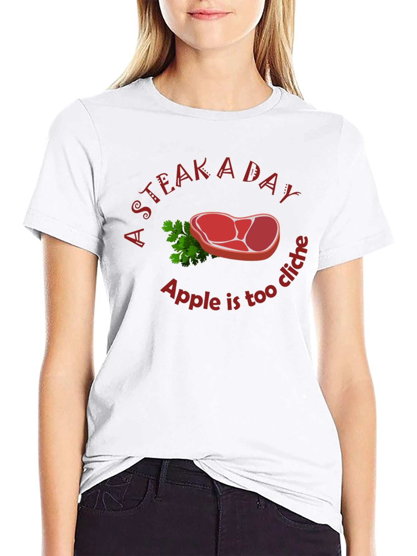 Black Funny Steak a Day T-Shirt - Apple is too Cliche! view 9