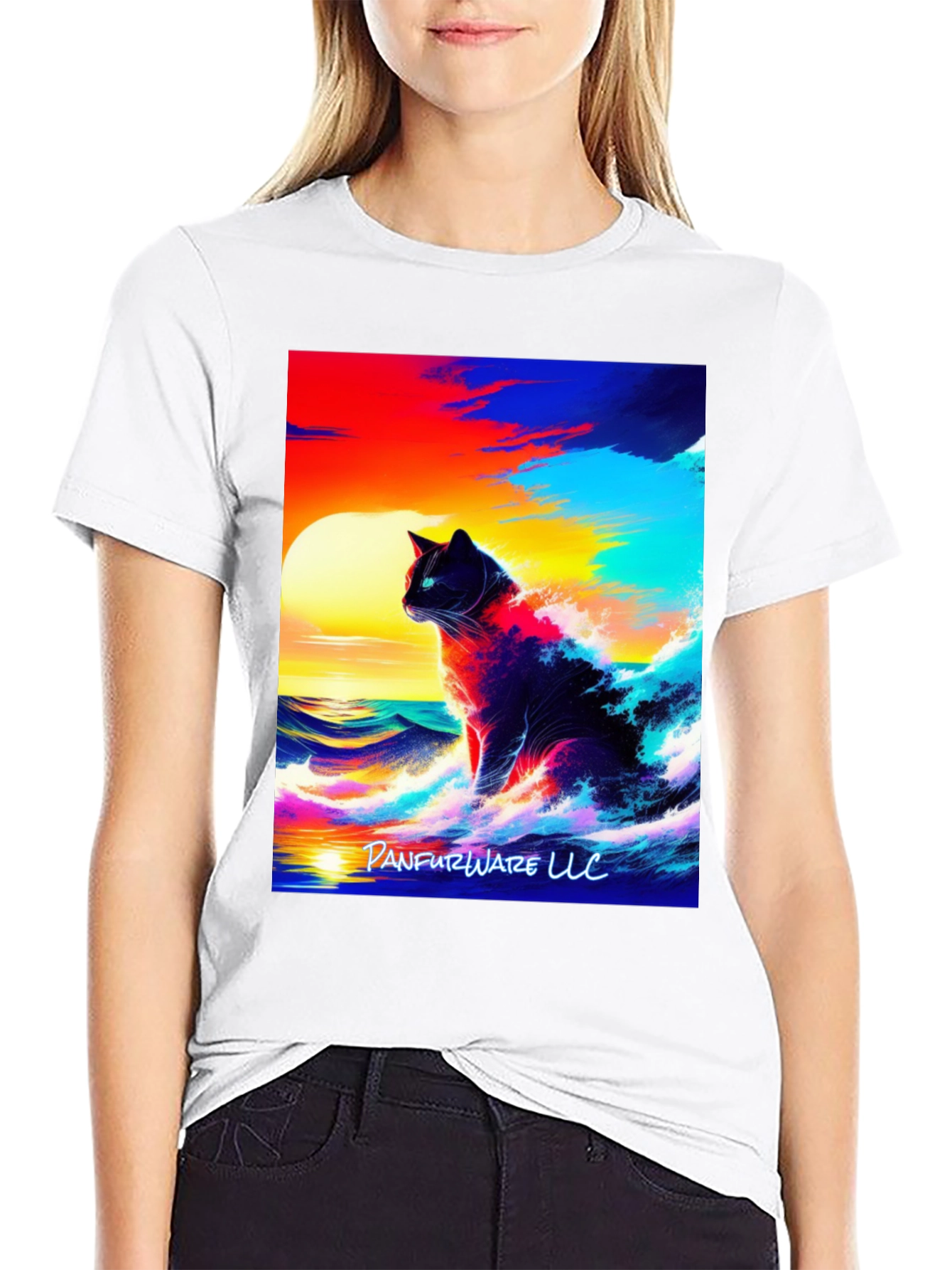 Black Cat Waves T-Shirt - Artistic Sunset Design view 9