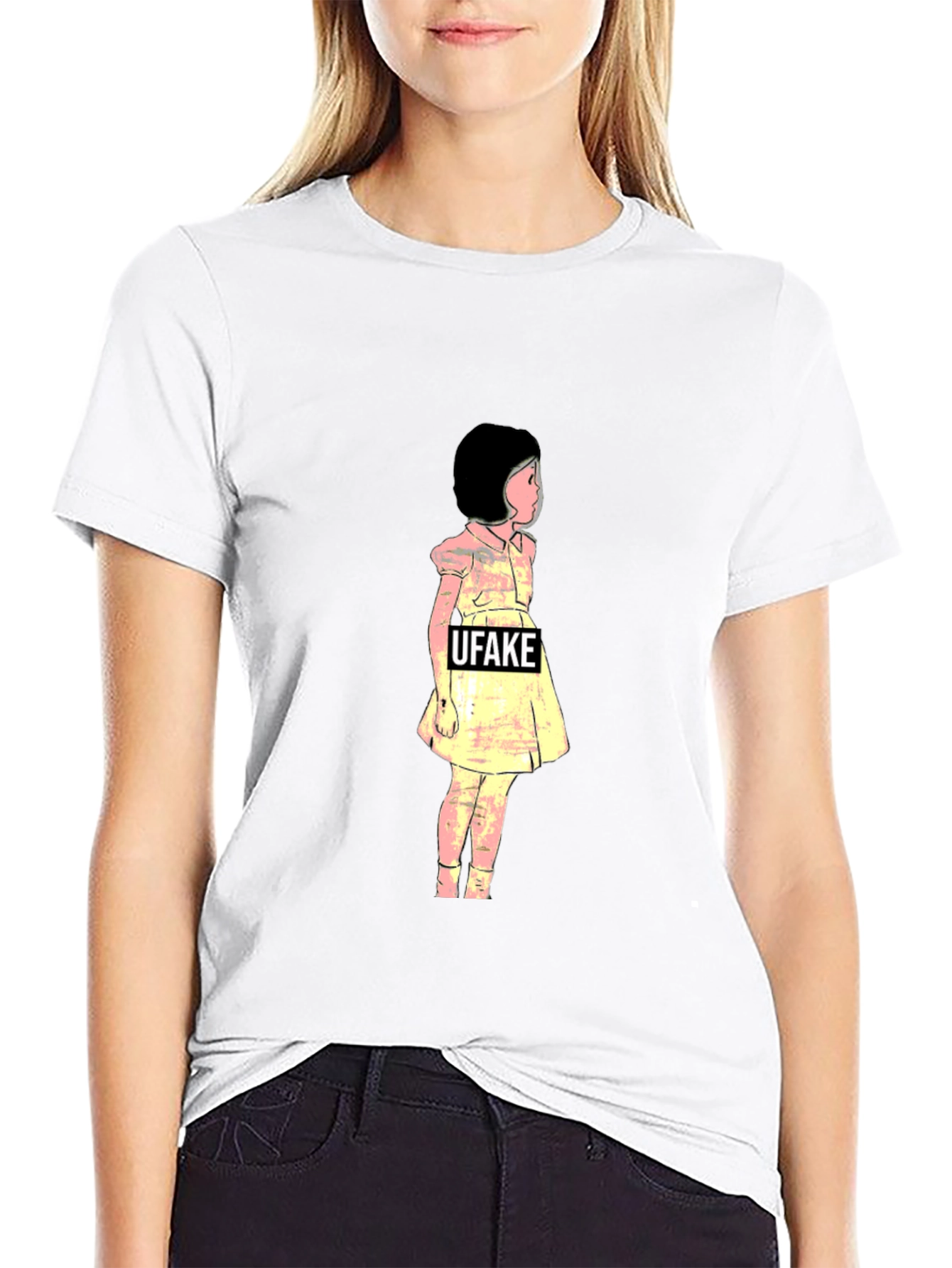 Black Artistic Black T-Shirt with UFAKE Girl Design view 9
