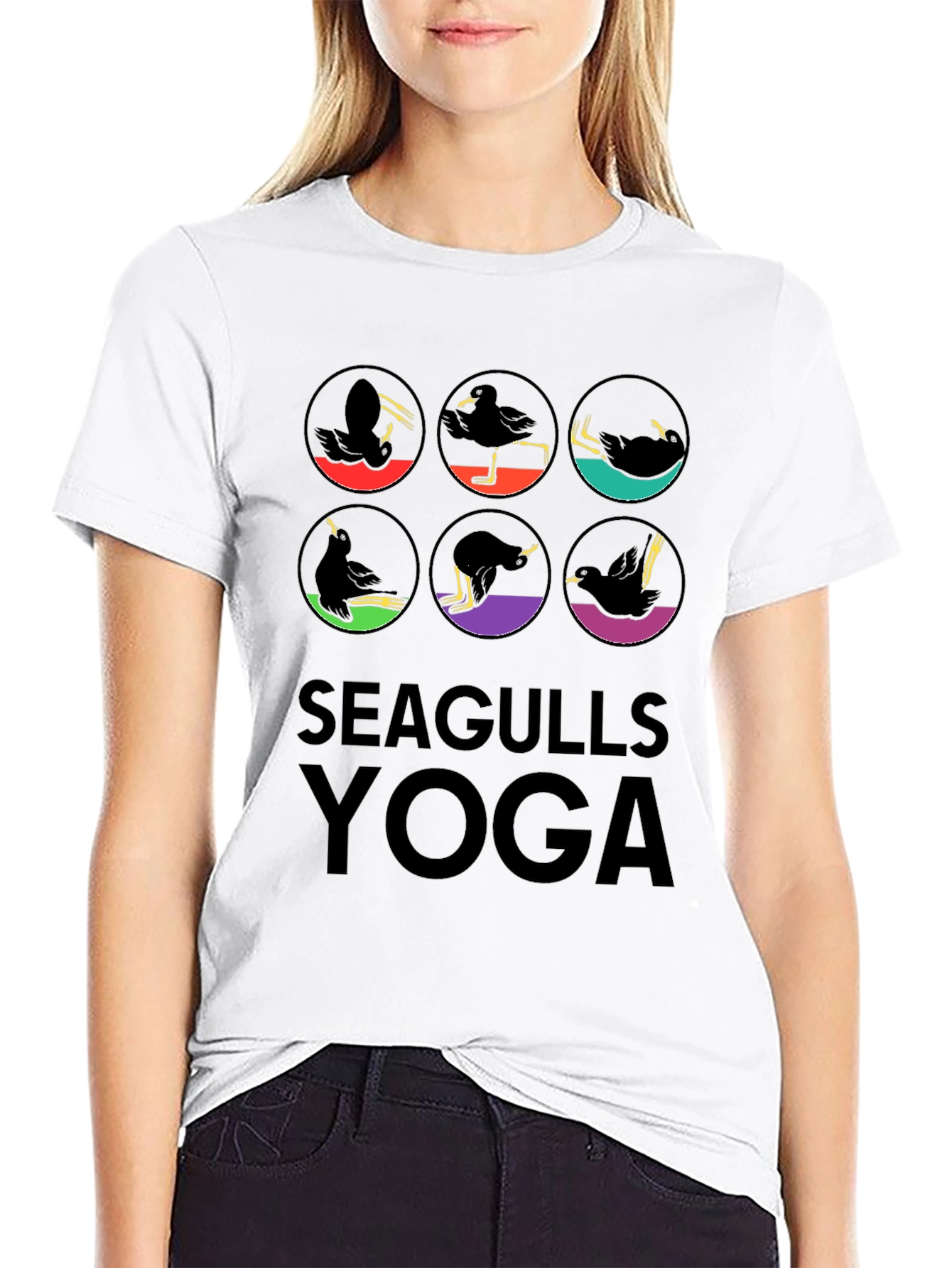 Black Seagulls Yoga Graphic Tee - Fun & Unique Design view 9