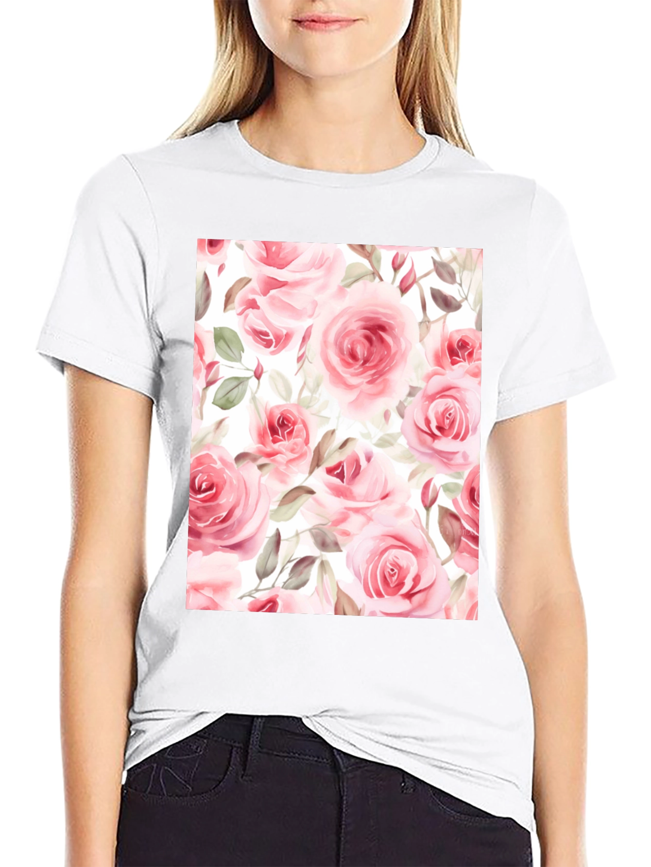 Black Floral Rose Print Black T-Shirt view 9
