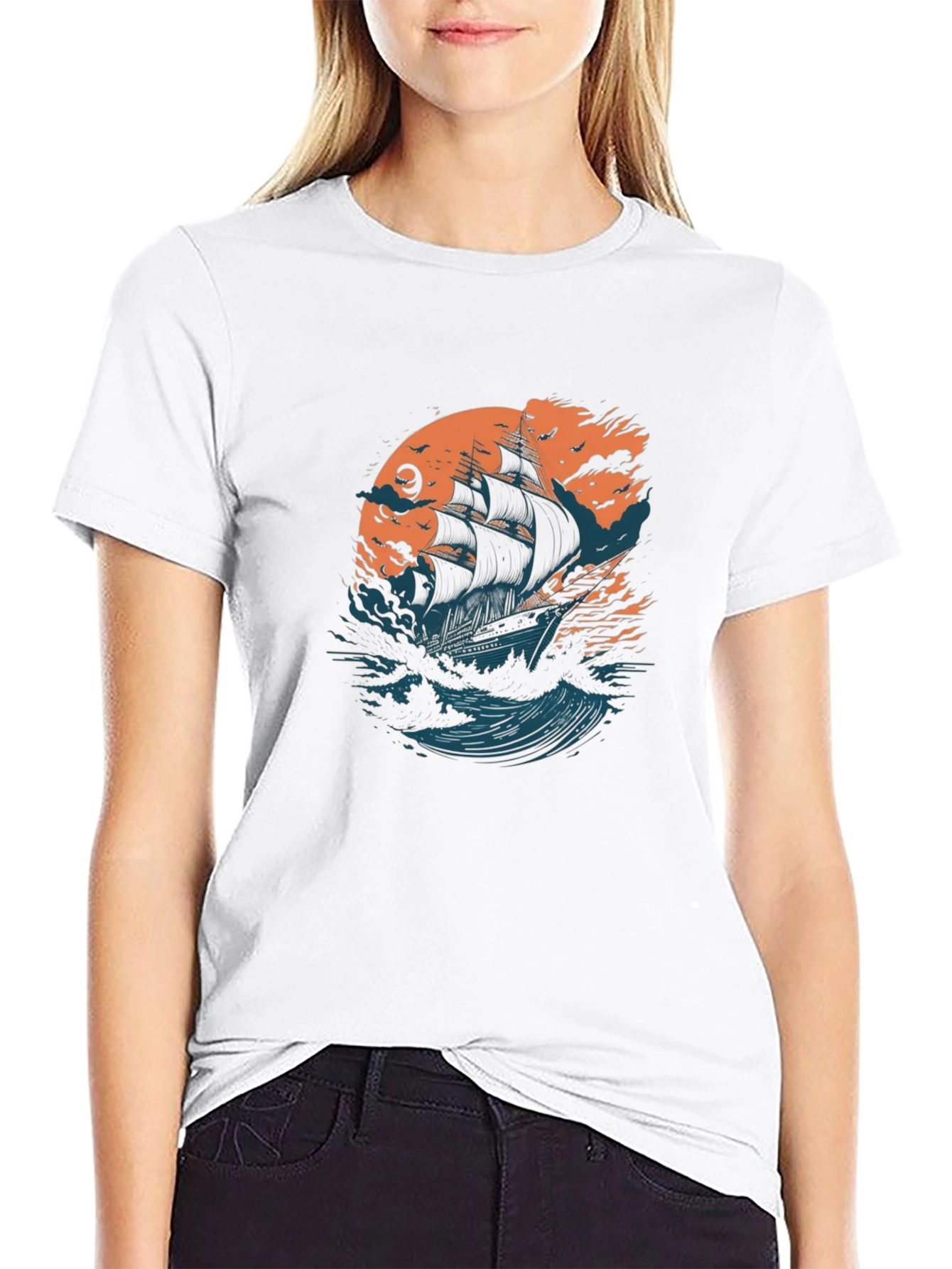 Black Sailing Ship Graphic Black T-Shirt view 9