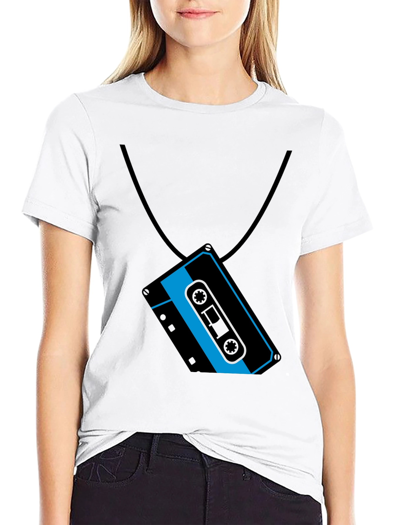 Black Retro Cassette Tape Necklace Graphic T-Shirt view 9