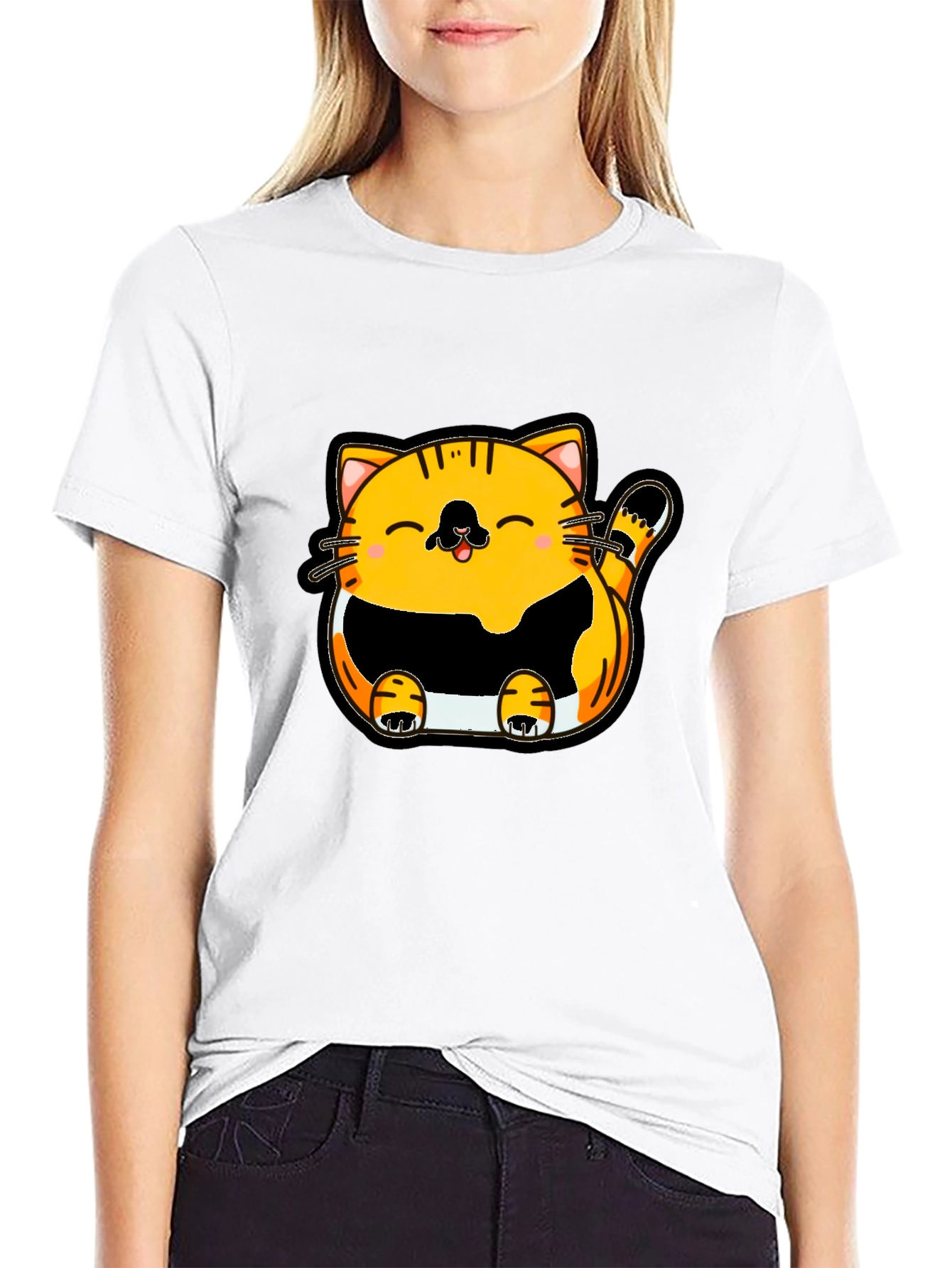 Black Cute Cartoon Cat Graphic T-Shirt - Black view 9
