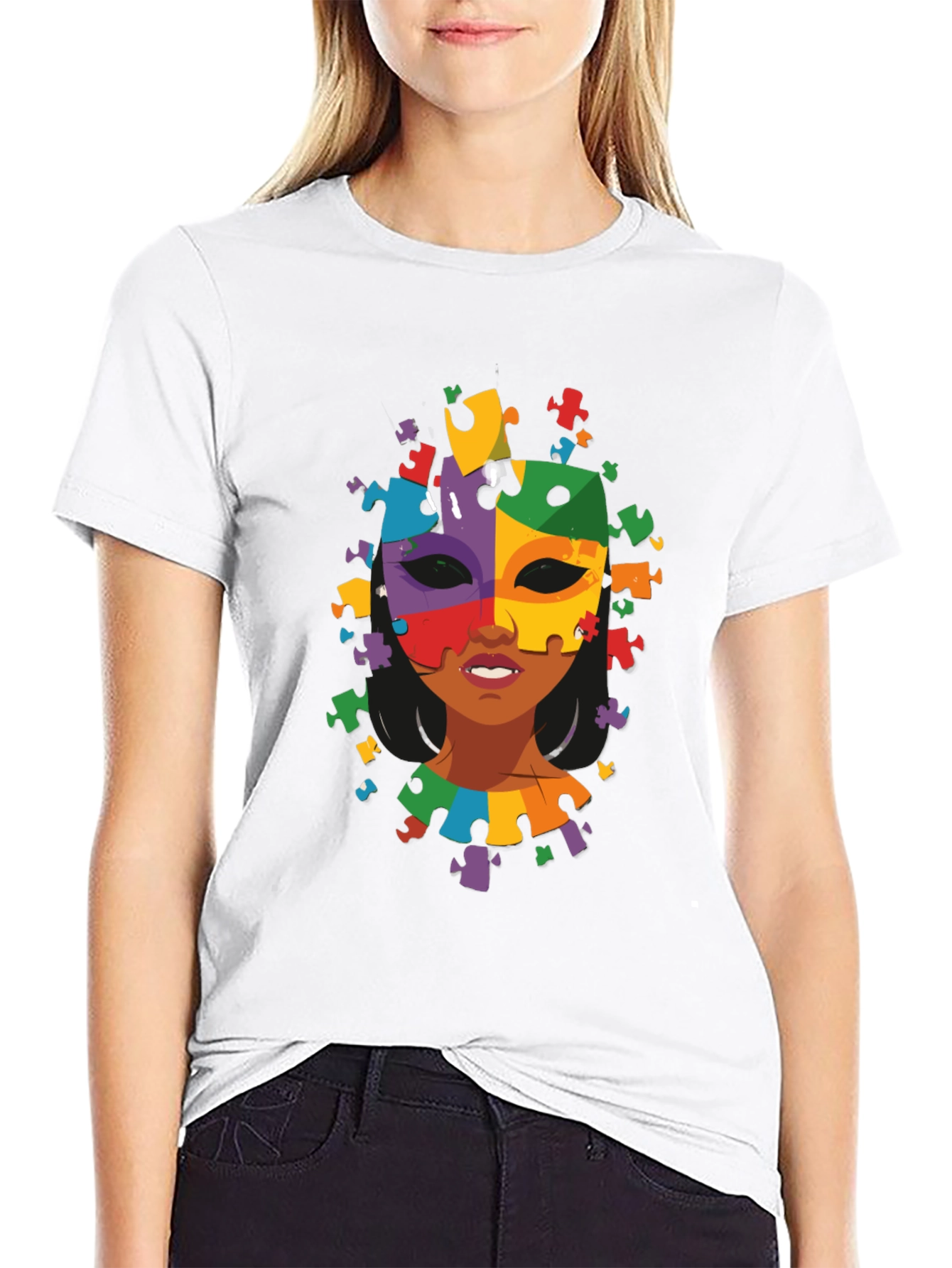 Black Autism Awareness Puzzle Piece Mask Tee view 9