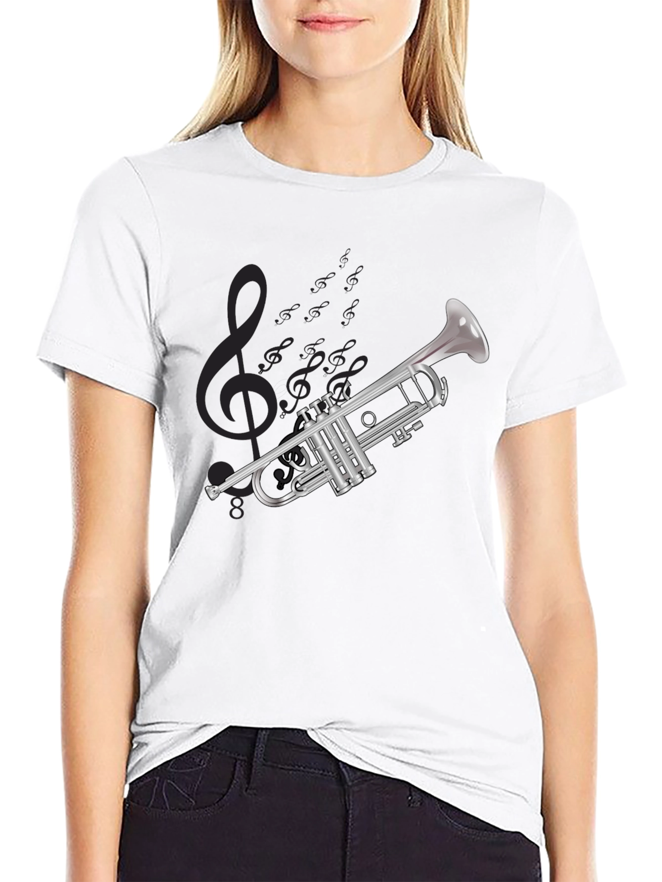 Black Musical Trumpet Graphic T-Shirt - Black Cotton Tee view 9