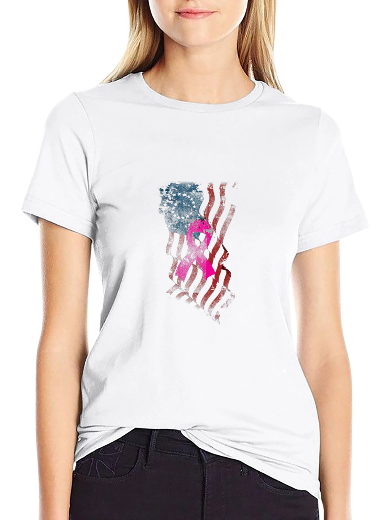 Black Patriotic Breast Cancer Awareness T-Shirt view 9