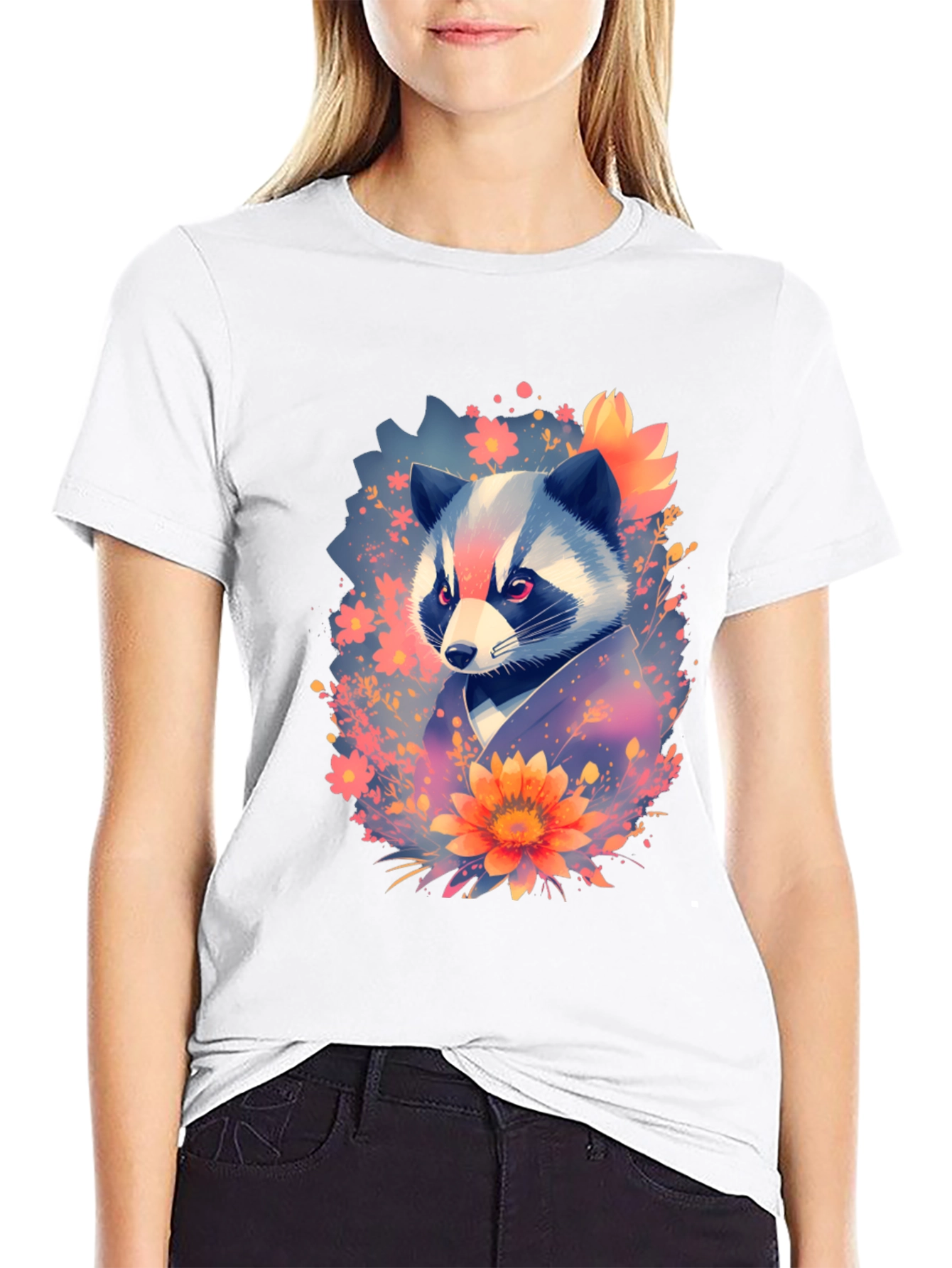Black Floral Raccoon Graphic Black T-Shirt view 9