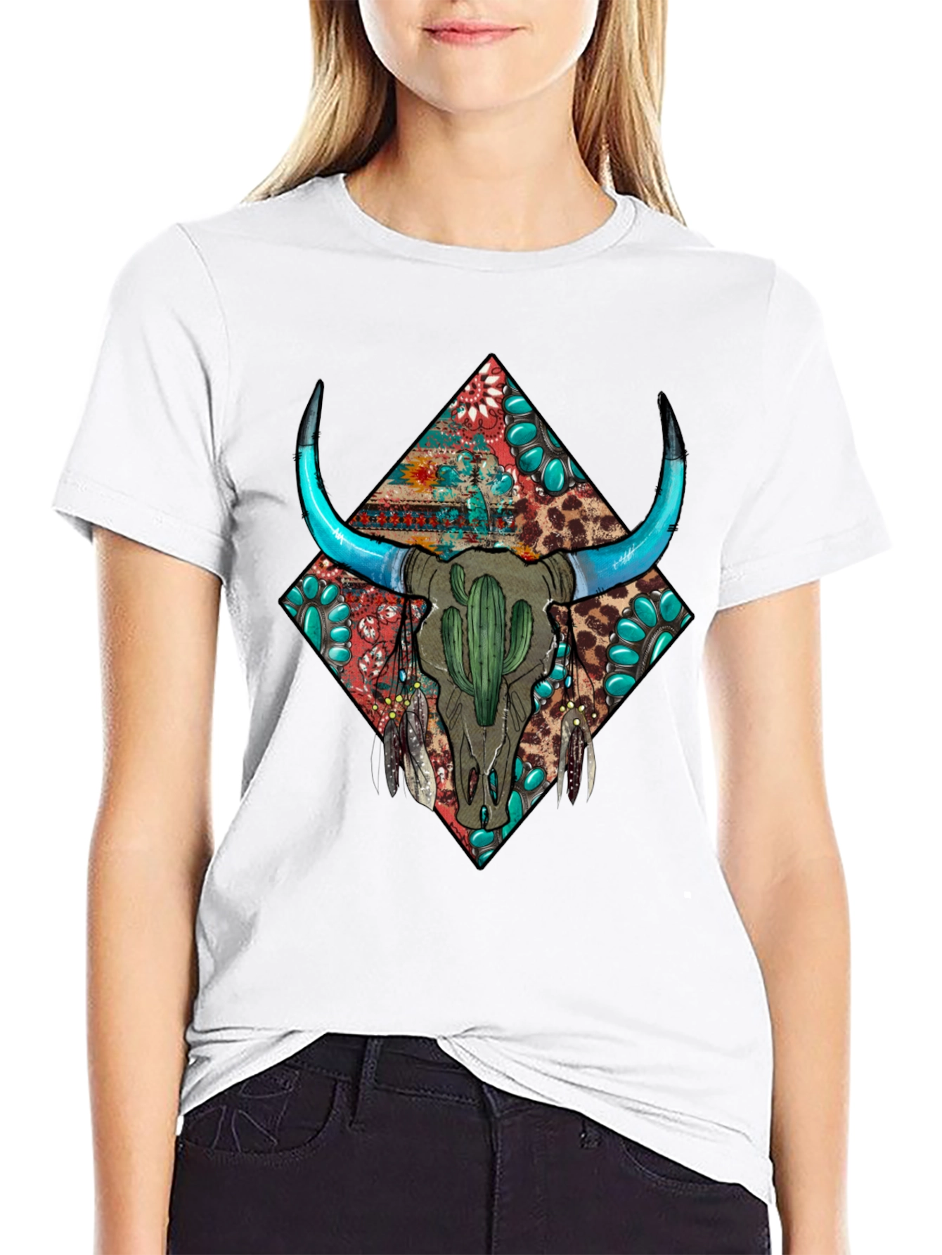 Black Boho Bull Skull Graphic Tee - Western Style view 9