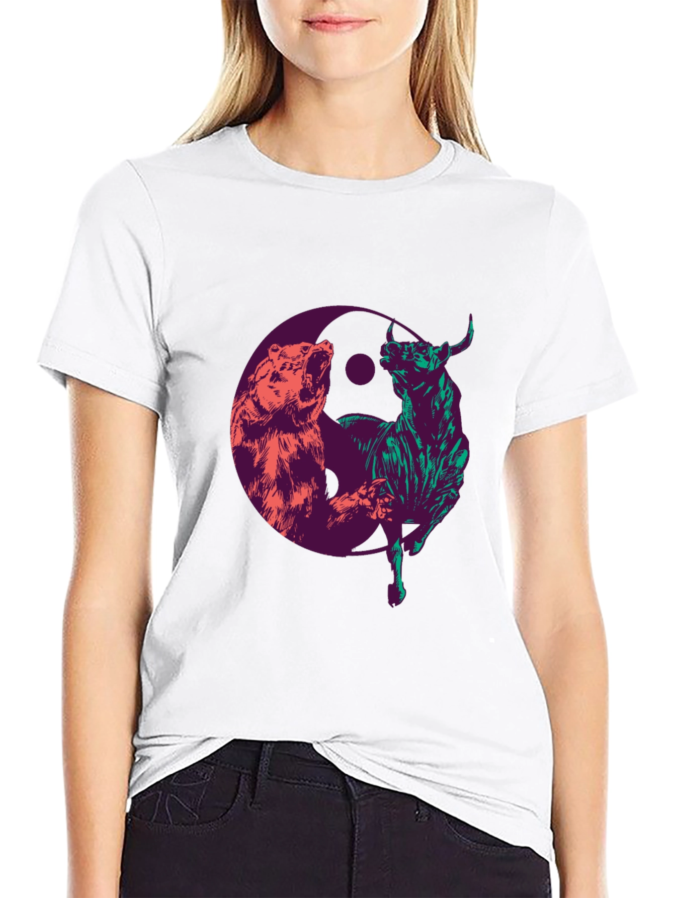 Black Yin Yang Bull and Bear Graphic T-Shirt view 9
