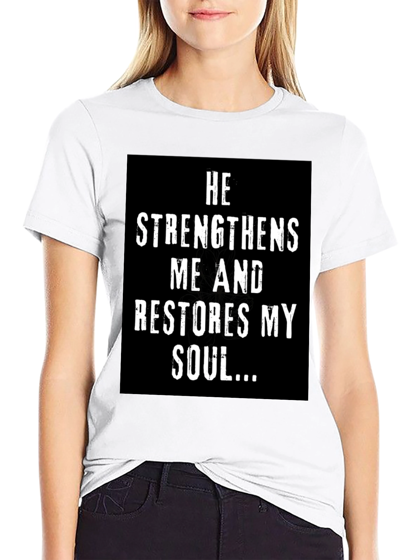 Black Faith-Inspired Black T-Shirt: He Strengthens Me... view 9