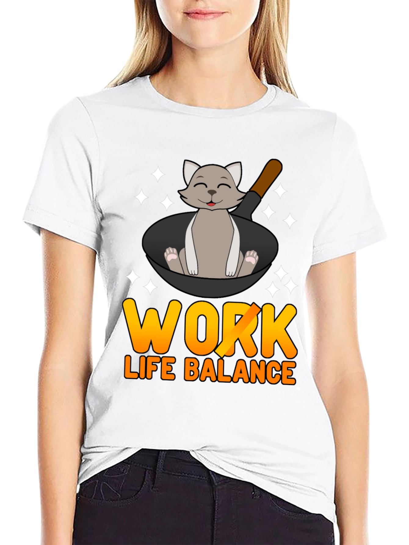 Black Work Life Balance Cat Pan T-Shirt view 9