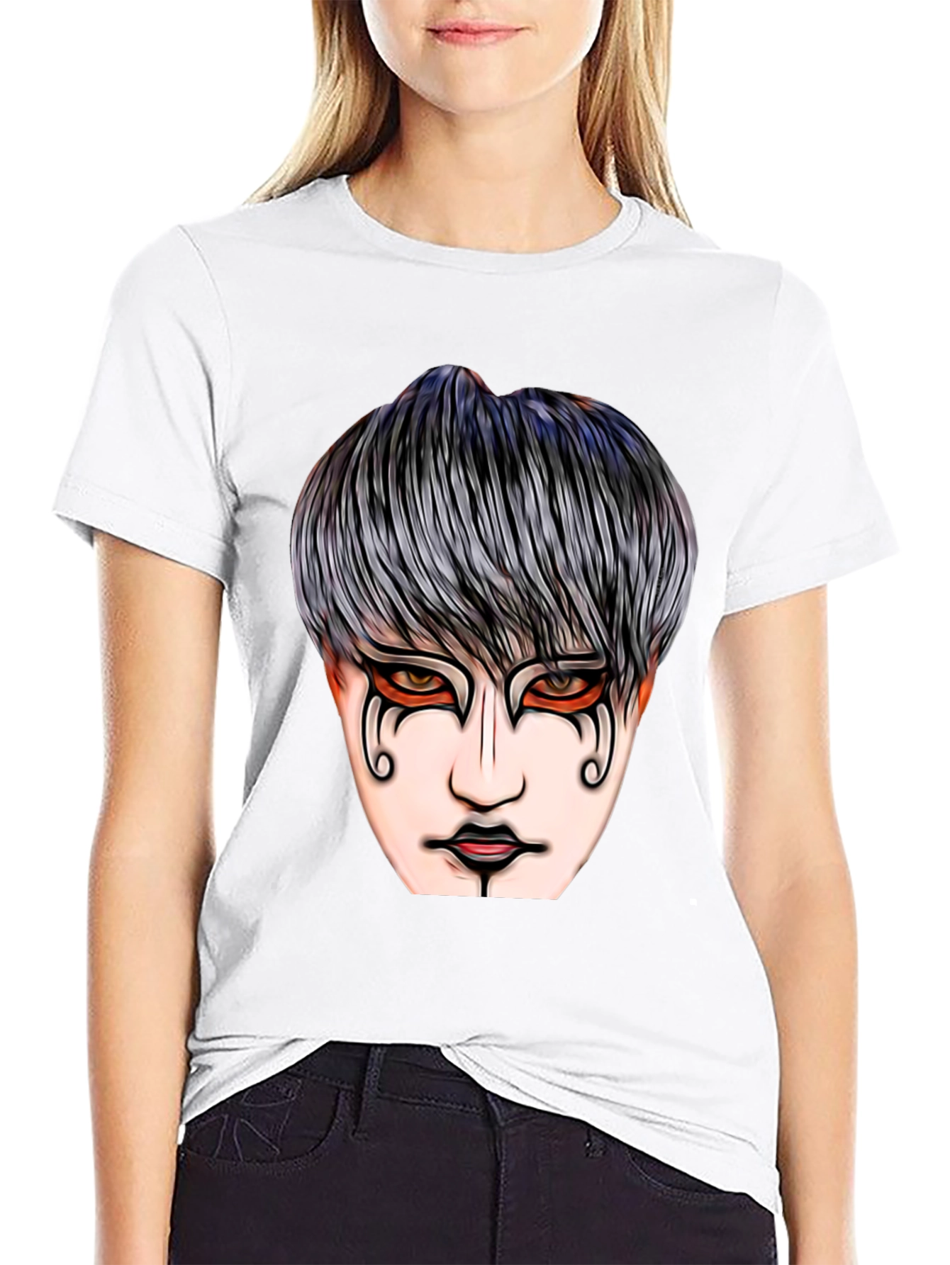 Black Graphic Print T-Shirt with Mysterious Face Design view 9