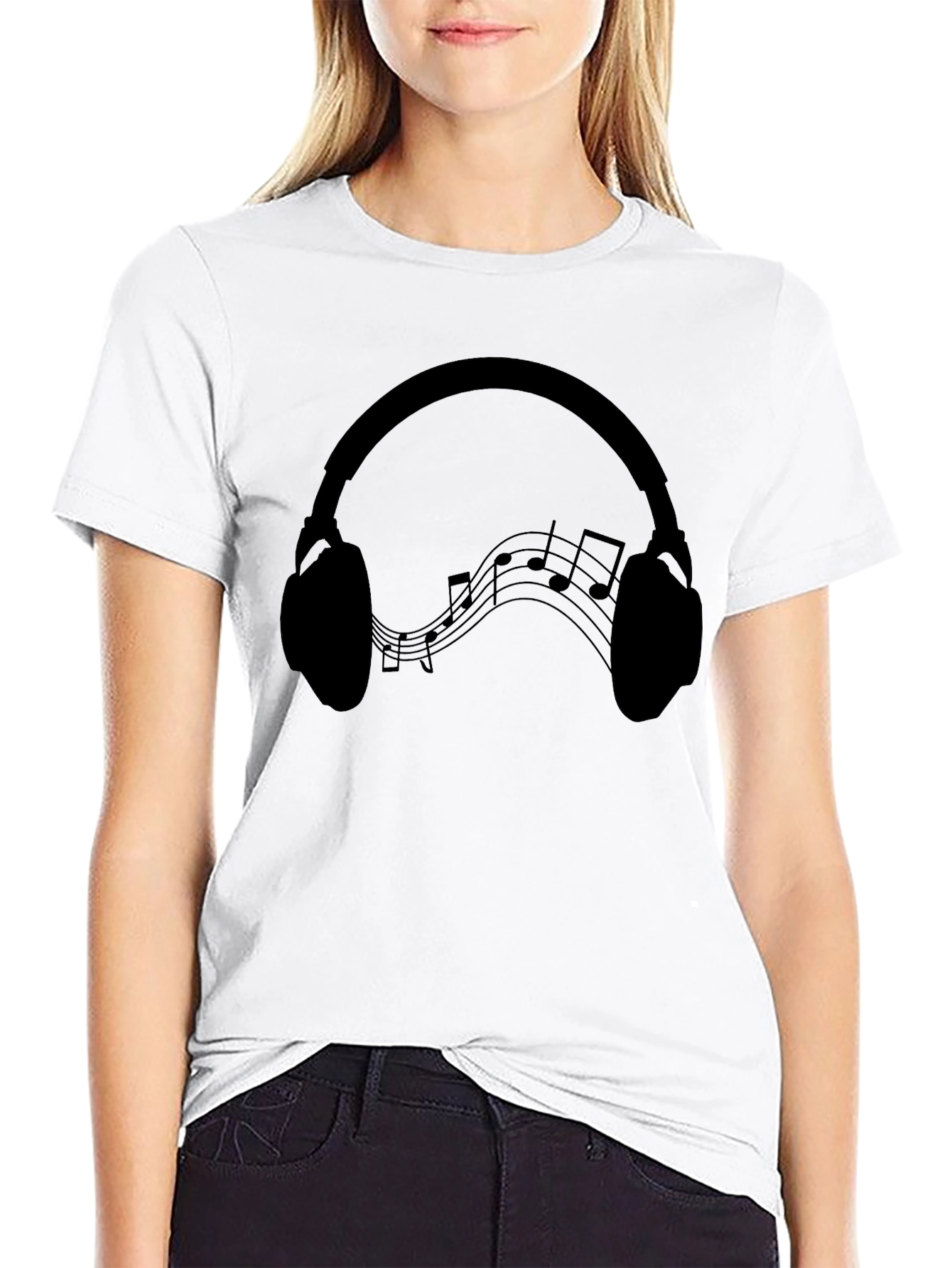 Black Headphones Music Notes Graphic Tee - Black Cotton Blend view 9