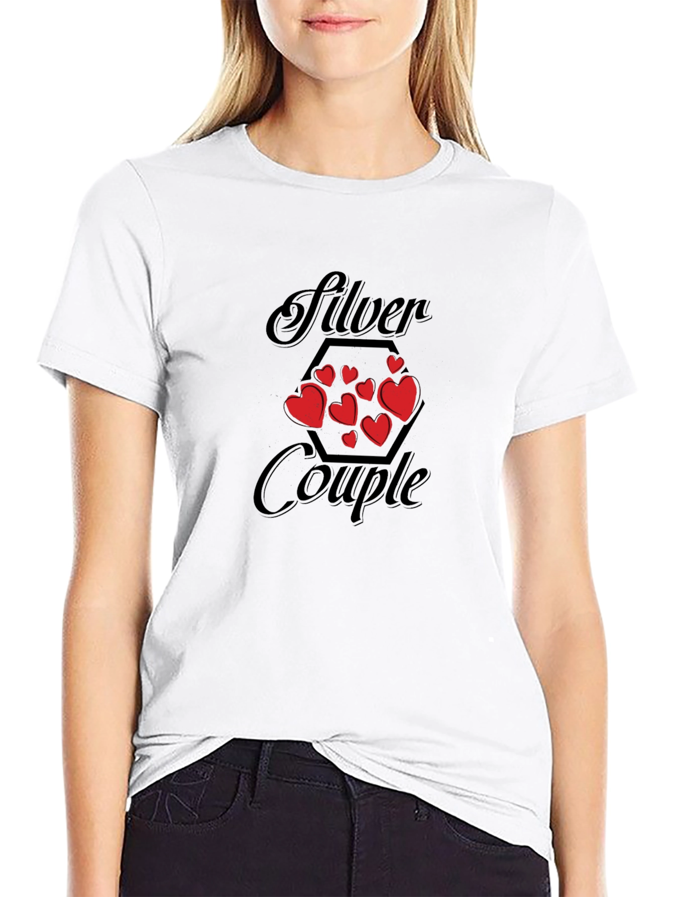 Black Silver Couple Heart T-Shirt view 9