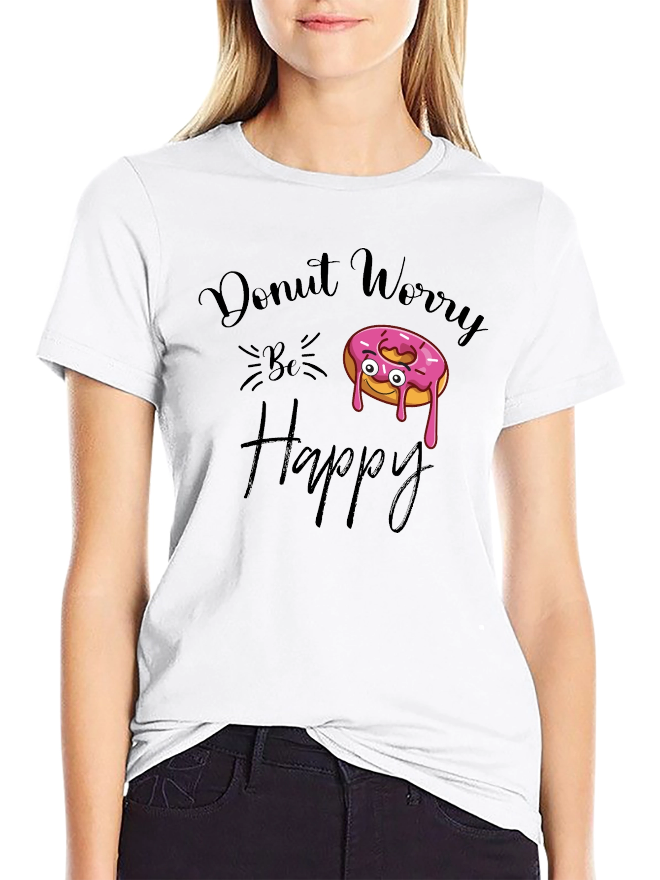Black Donut Worry Be Happy Black Graphic Tee view 9