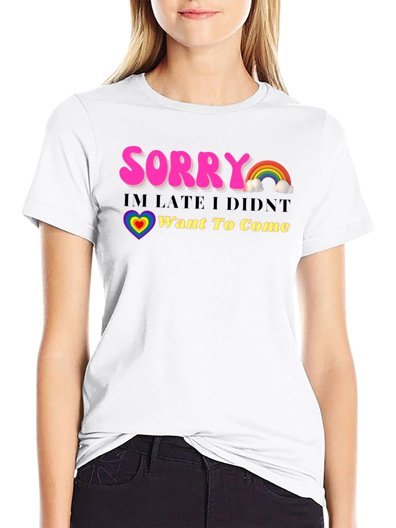 Black Funny Sorry I'm Late Rainbow Graphic T-Shirt view 9